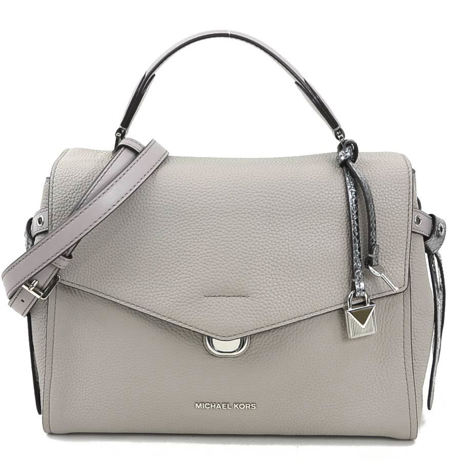 Kors Leather Handbag Michael Shoulder: Kors Leather Handbag Michael Shoulder The Michael Kors Leather Shoulder Bag features a stylish gray leather exterior with clean lines and a classic shoulder strap design. Measuring 21cm x 27.7cm x