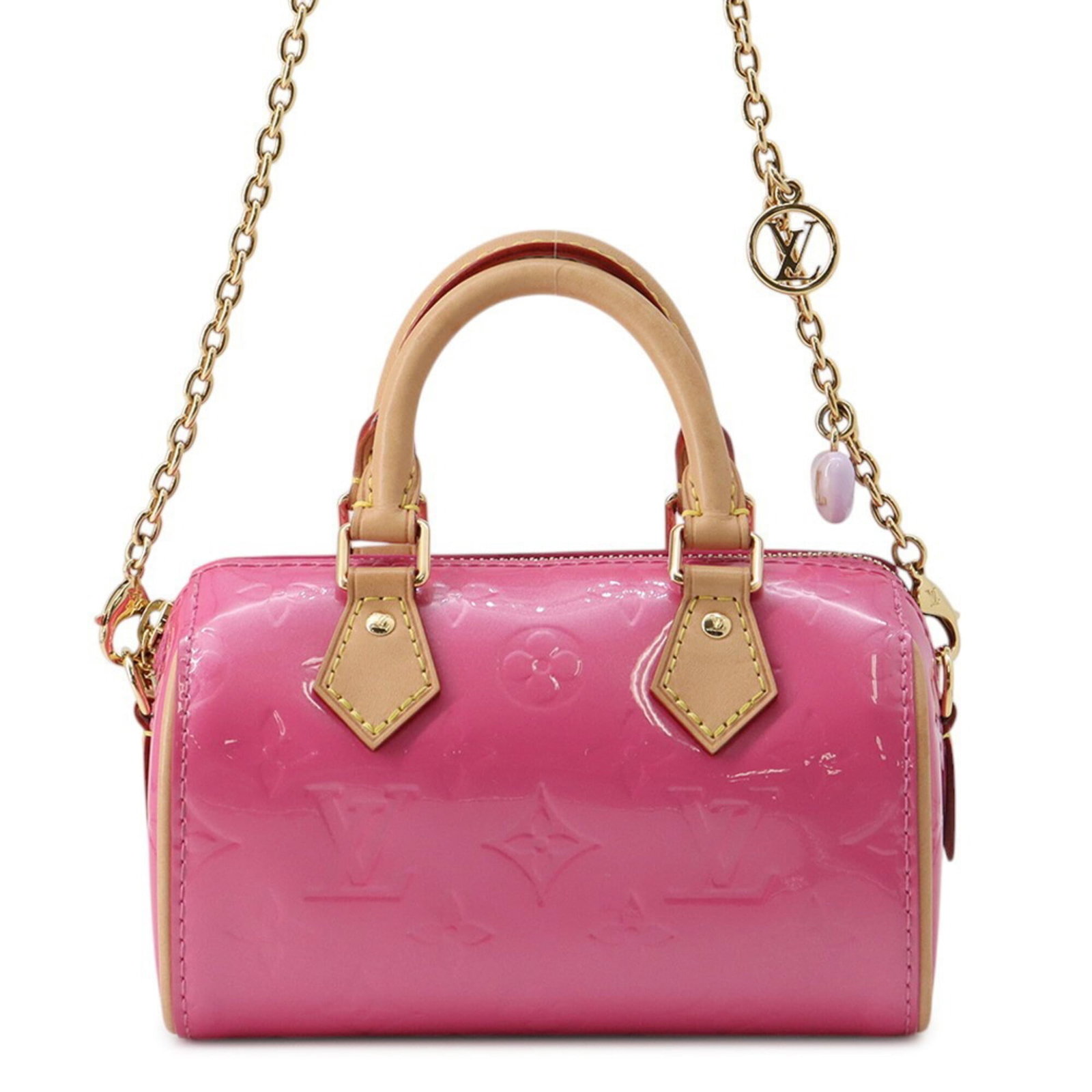 Handbag shoulder bag with monogram Vernis from Louis Vuitton: Handbag shoulder bag with monogram Vernis from Louis Vuitton Monogram Vernis from Louis Vuitton adorns this pink shoulder bag, featuring gold hardware. The item boasts a sleek design with a size of 10
