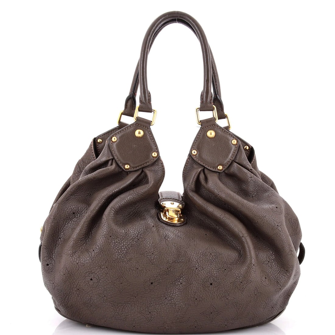 Louis Vuitton L Hobo Mahina Leather: Louis Vuitton L Hobo Mahina Leather Brown Louis Vuitton L Hobo Mahina Leather bag with gold hardware, featuring heavy edge wear and scuffs on the exterior. The interior is lined with black microfiber