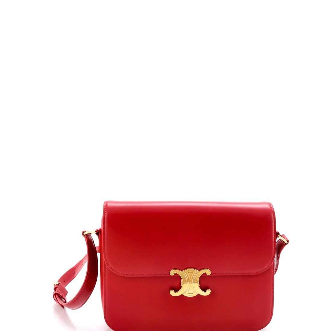 Celine Triomphe Shoulder Bag Smooth Calfskin Medium: Celine Triomphe Shoulder Bag Smooth Calfskin Medium The Celine Triomphe Shoulder Bag Smooth Calfskin Medium boasts a striking red exterior, complemented by rich leather interior and gold hardware. Wit