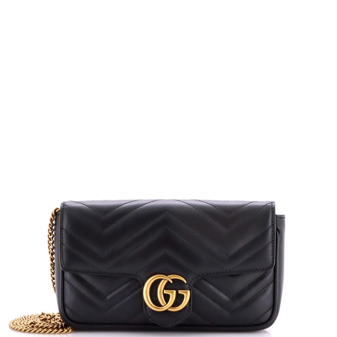 Matelasse Leather Mini Wallet on Chain Gucci GG: Matelasse Leather Mini Wallet on Chain Gucci GG Black Matelasse Leather Mini Wallet on Chain Gucci GG features a classic cross body design with scuffs, creases, and minor edge wear. The interior