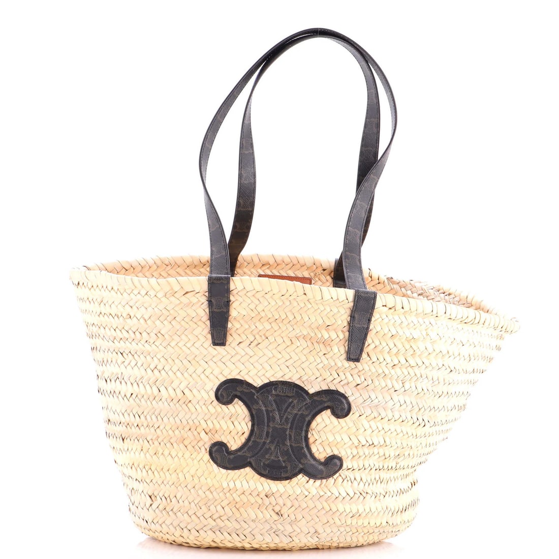 Celine Triomphe Basket Shoulder Bag Raffia with Leather Large: Celine Triomphe Basket Shoulder Bag Raffia with Leather Large Brown Celine Triomphe Basket Shoulder Bag Raffia with Leather, featuring a classic design with frayed edges and creases on the exterior, a