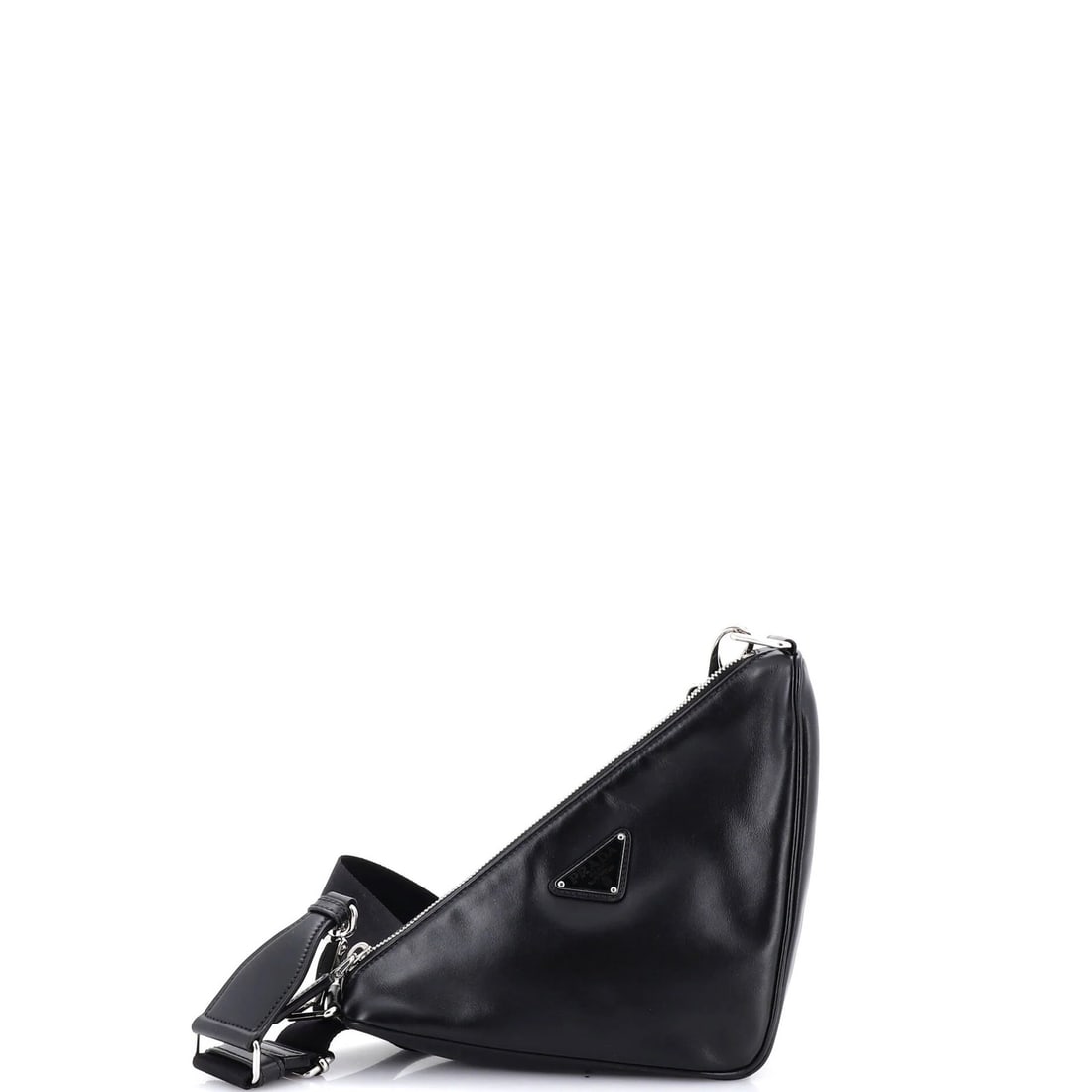 Small Soft Leather Crossbody Bag Zip Logo Prada Triangle: Small Soft Leather Crossbody Bag Zip Logo Prada Triangle Soft leather wraps around the small, triangle-shaped Prada crossbody bag, adorned with a subtle zip logo. The black exterior features scuffs