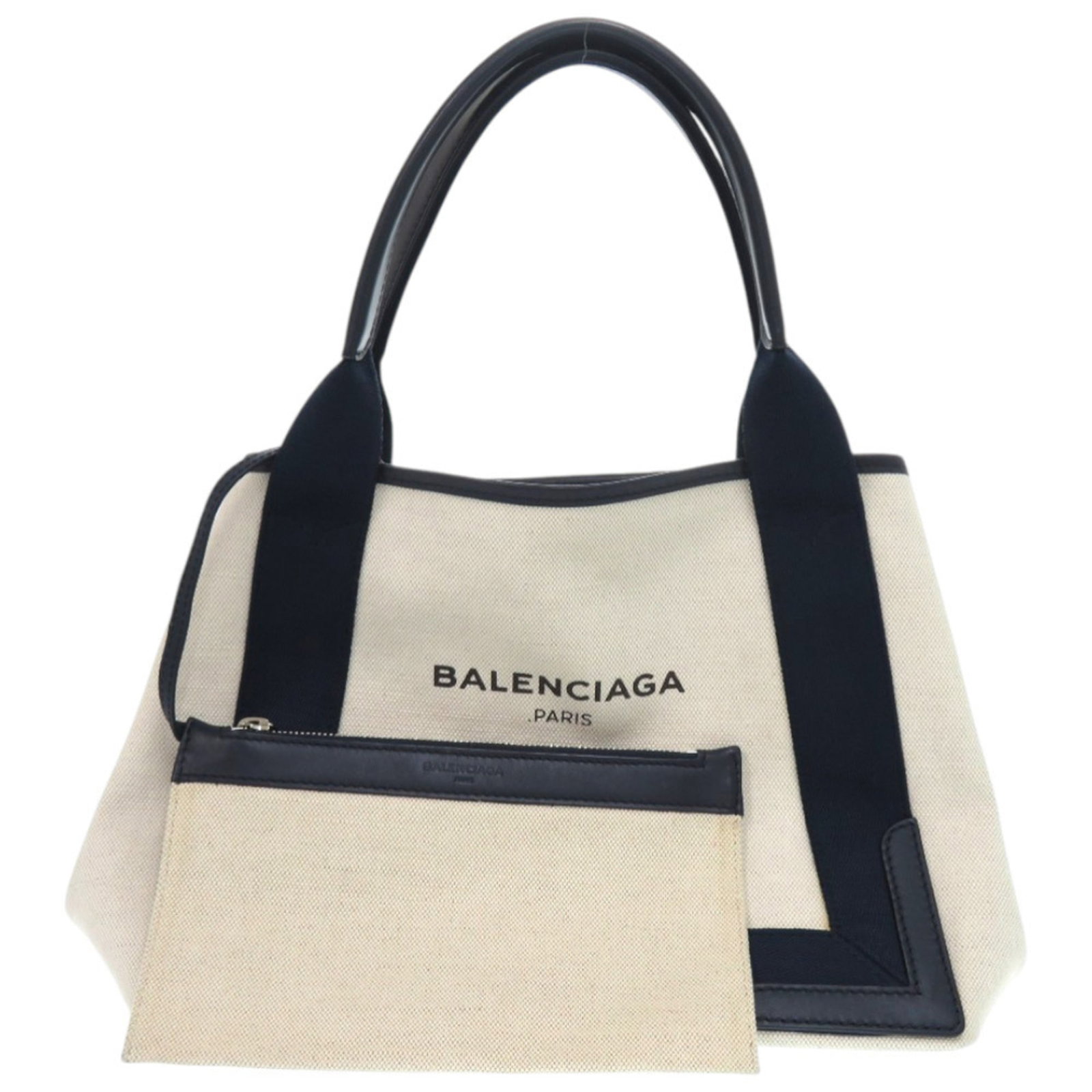 Handbag Canvas Leather from Balenciaga: Handbag Canvas Leather from Balenciaga Canvas and leather blend in this Balenciaga handbag, available in ivory and navy hues. The bag measures 13.3cm x 21.6cm x 8.00mm and features traces of usage wit