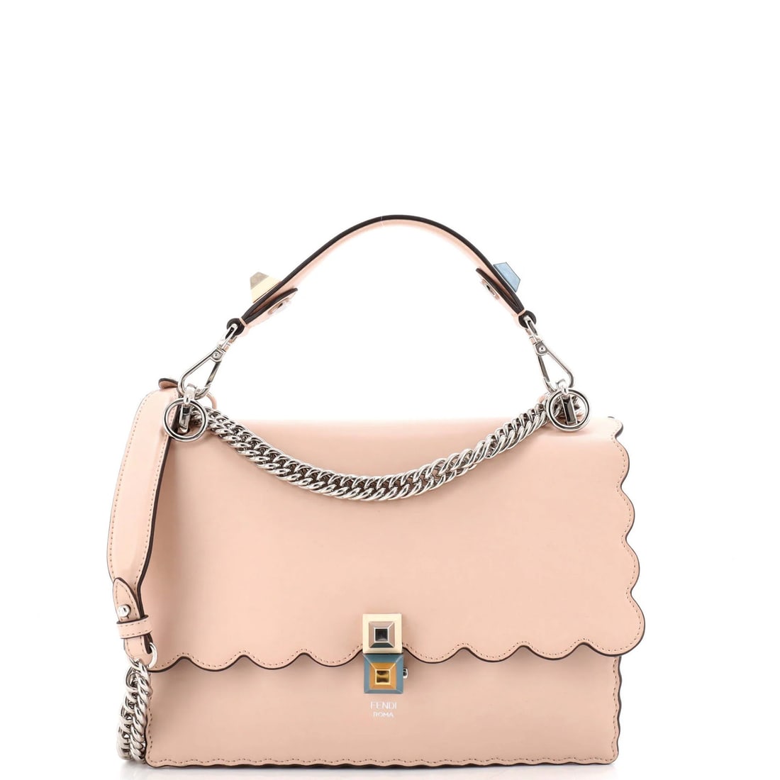 Kan I Bag Fendi Leather Medium: Kan I Bag Fendi Leather Medium Pink Fendi Kan I Bag Leather Medium, featuring a medium size with a suede green interior and silver hardware. Minor scuffs on the exterior leather, handles/straps with m