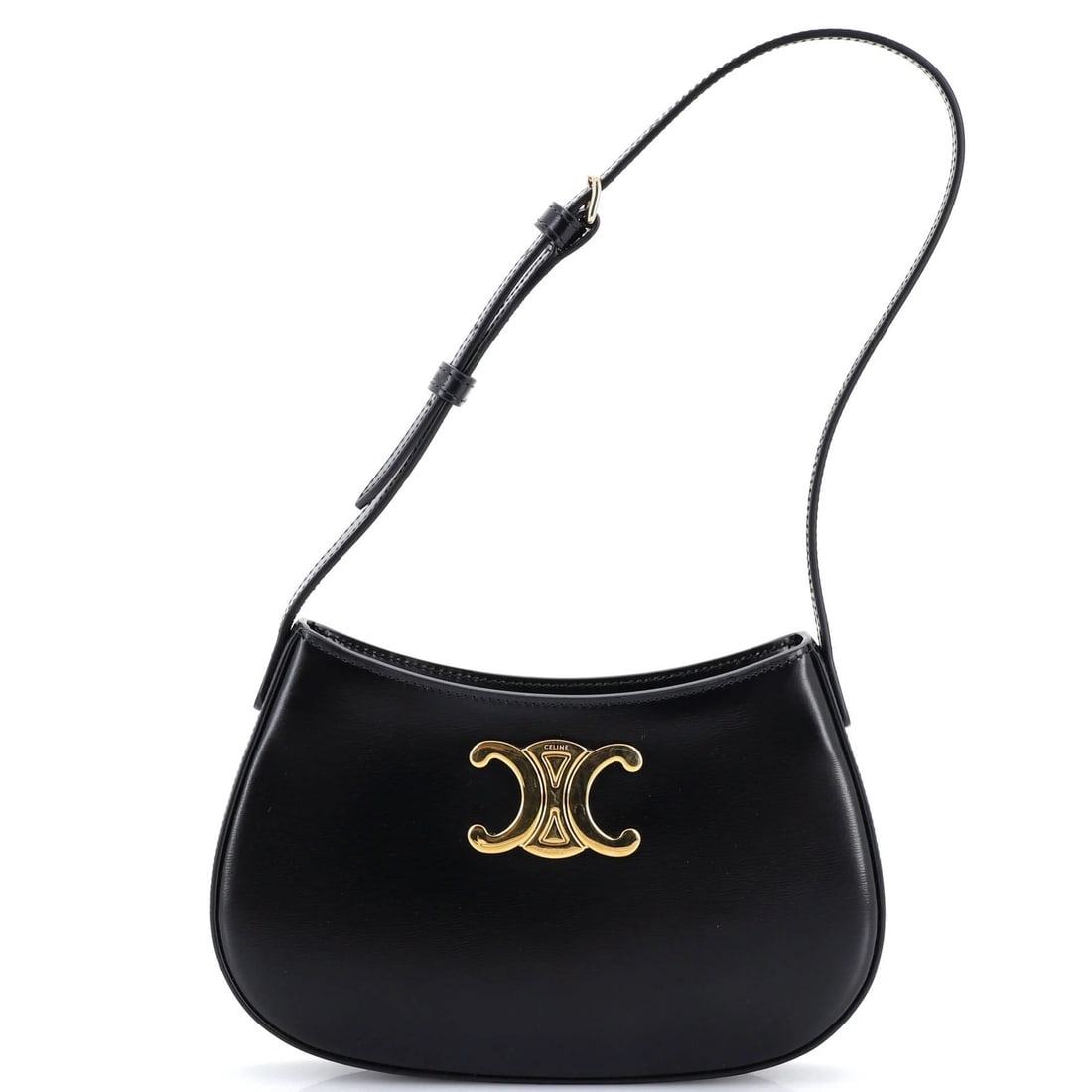Calfskin smooth medium bag tilly triomphe celine: Calfskin smooth medium bag tilly triomphe celine Calfskin smooth medium bag with Triomphe Tilly design, featuring black leather exterior and gold hardware. This medium-sized shoulder bag boasts a