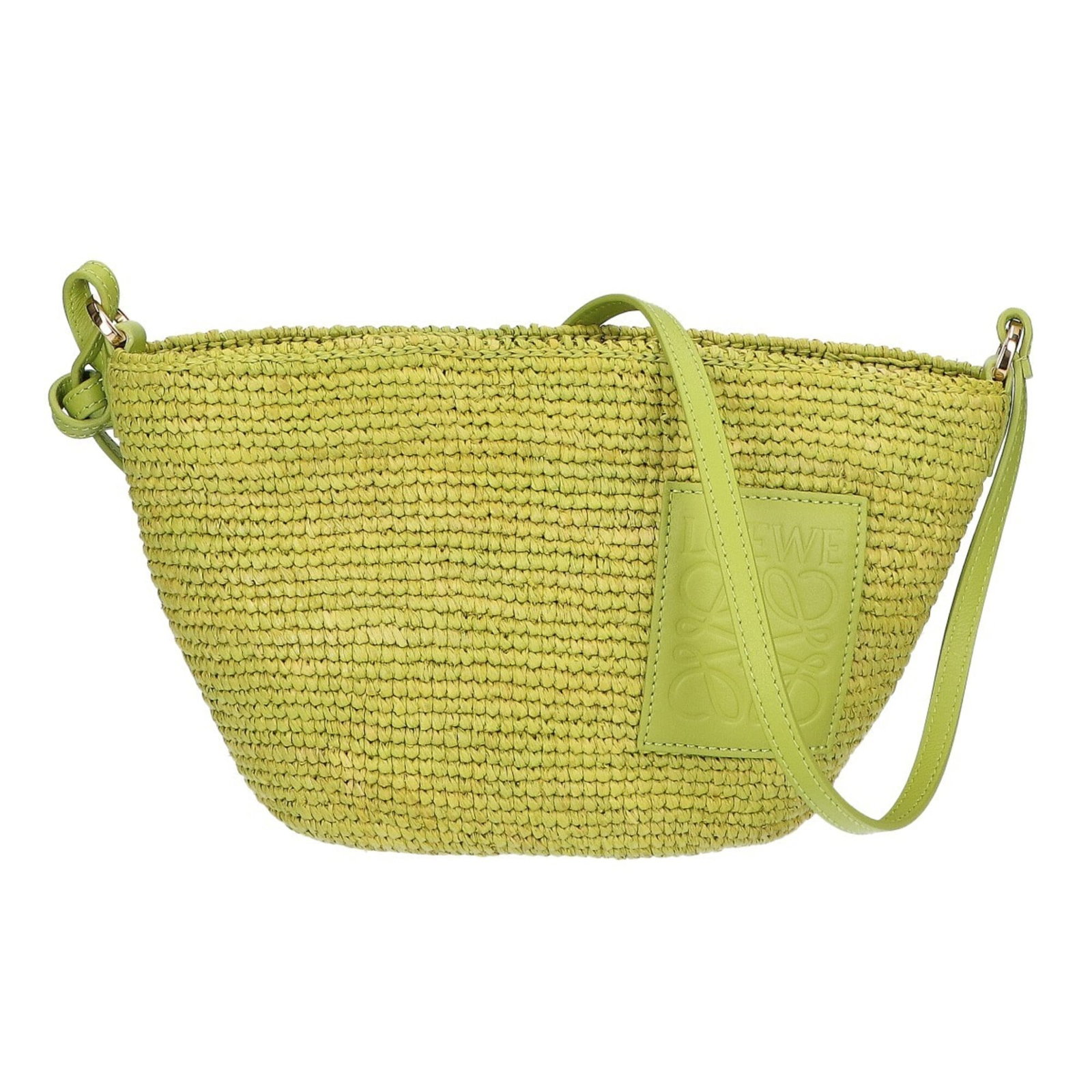 Loewe Pochette Shoulder Bag Raffia: Loewe Pochette Shoulder Bag Raffia Raffia woven into a timeless design, this Loewe Pochette Shoulder Bag boasts a striking green hue and elegant gold hardware. Measuring just 17.5cm x 9.5cm, it's the 