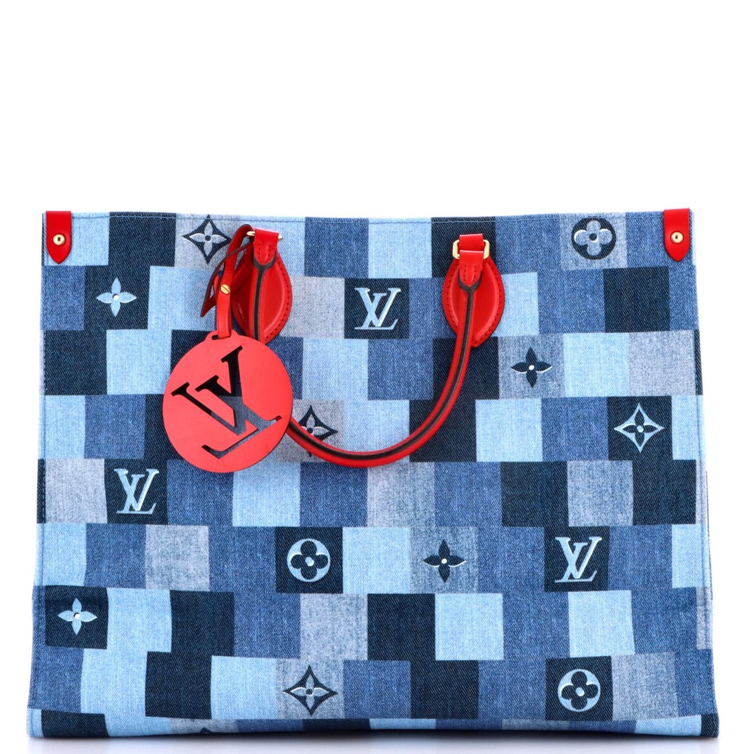Louis Vuitton OnTheGo Tote Damier and Monogram Patchwork Denim GM: Louis Vuitton OnTheGo Tote Damier and Monogram Patchwork Denim GM Blue Louis Vuitton OnTheGo Tote Damier and Monogram Patchwork Denim GM features a unique patchwork design, combining denim with