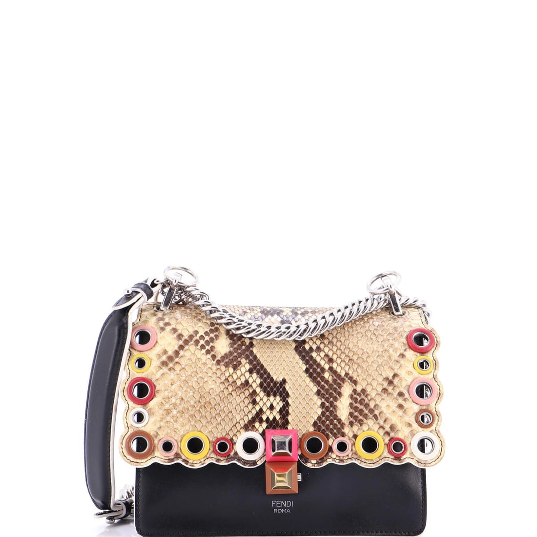 Fendi Kan I Eyelet Bag Small Leather Python: Fendi Kan I Eyelet Bag Small Leather Python Small Fendi Kan I Eyelet Bag in Black Exotic Leather Python with Silver Hardware. This shoulder bag features a classic design with eyelet details and measur
