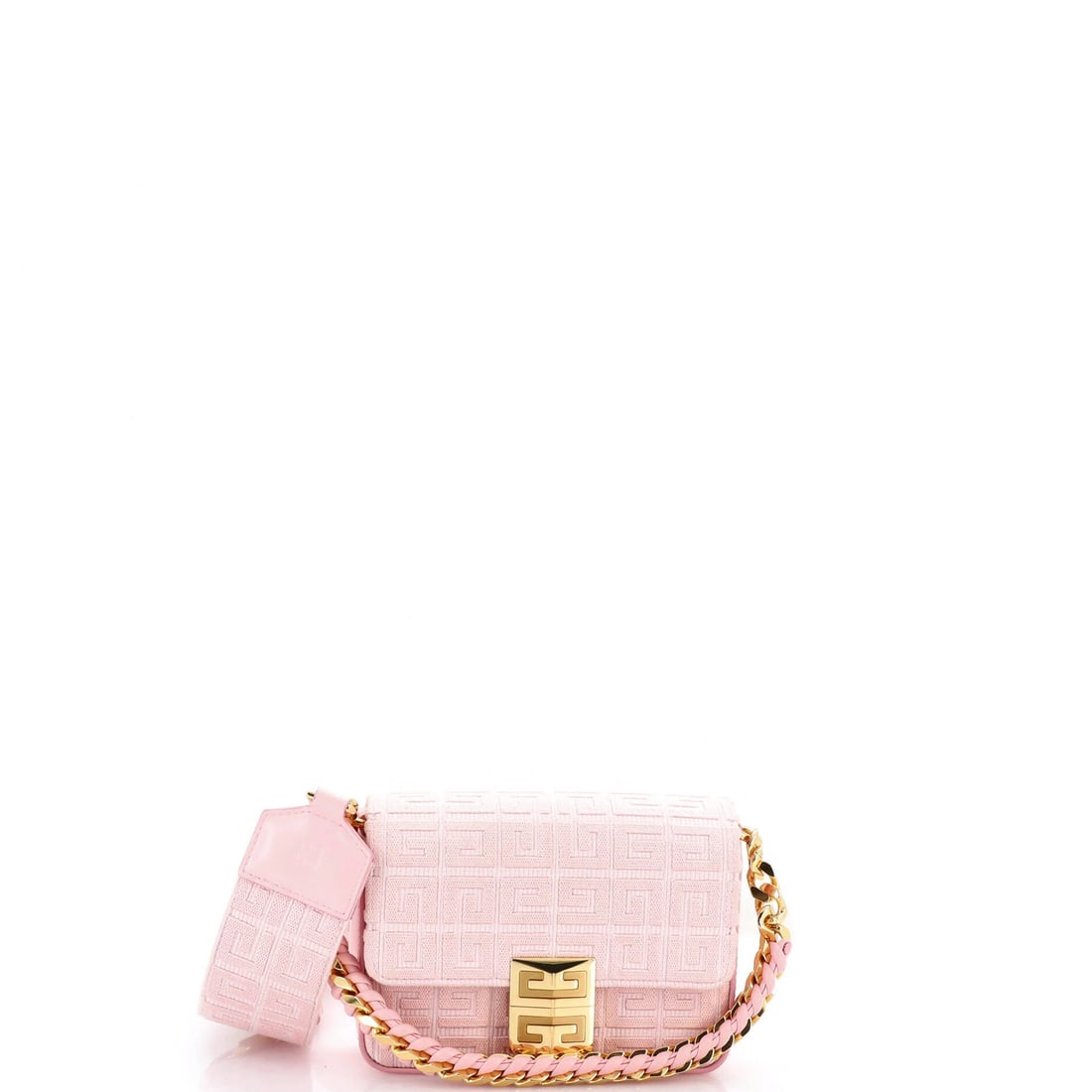 Chain top woven bag handle small canvas givenchy: Chain top woven bag handle small canvas givenchy Small canvas Givenchy bag with chain top handle, featuring pink exterior and interior, gold hardware, and minor creases on the handles. The bag