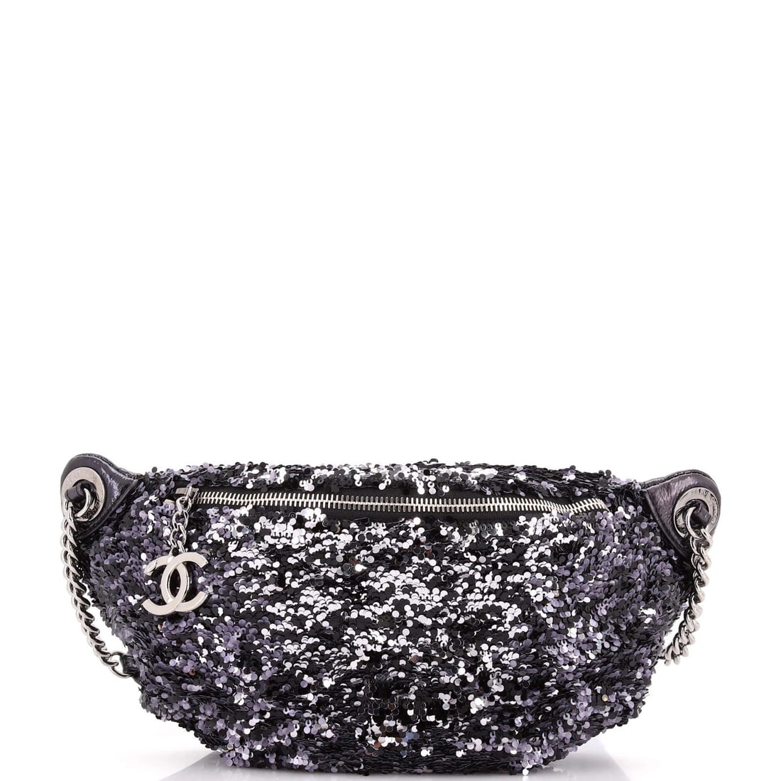 CC Charm Bag Sequins Lambskin Zip Waist Chanel: CC Charm Bag Sequins Lambskin Zip Waist Chanel Black CC Charm Bag Sequins Lambskin Zip Waist Chanel features a quilted lambskin exterior with sequin accents, adding a touch of luxury to its sleek