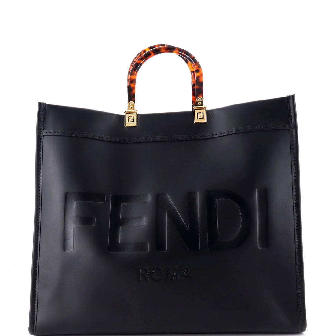 Leather tote shopper large Fendi sunshine shopper.: Leather tote shopper large Fendi sunshine shopper. Black Fendi Sunshine Shopper Tote with spacious interior and gold hardware, featuring heavy corner wear and scuffs on the exterior. This large tote