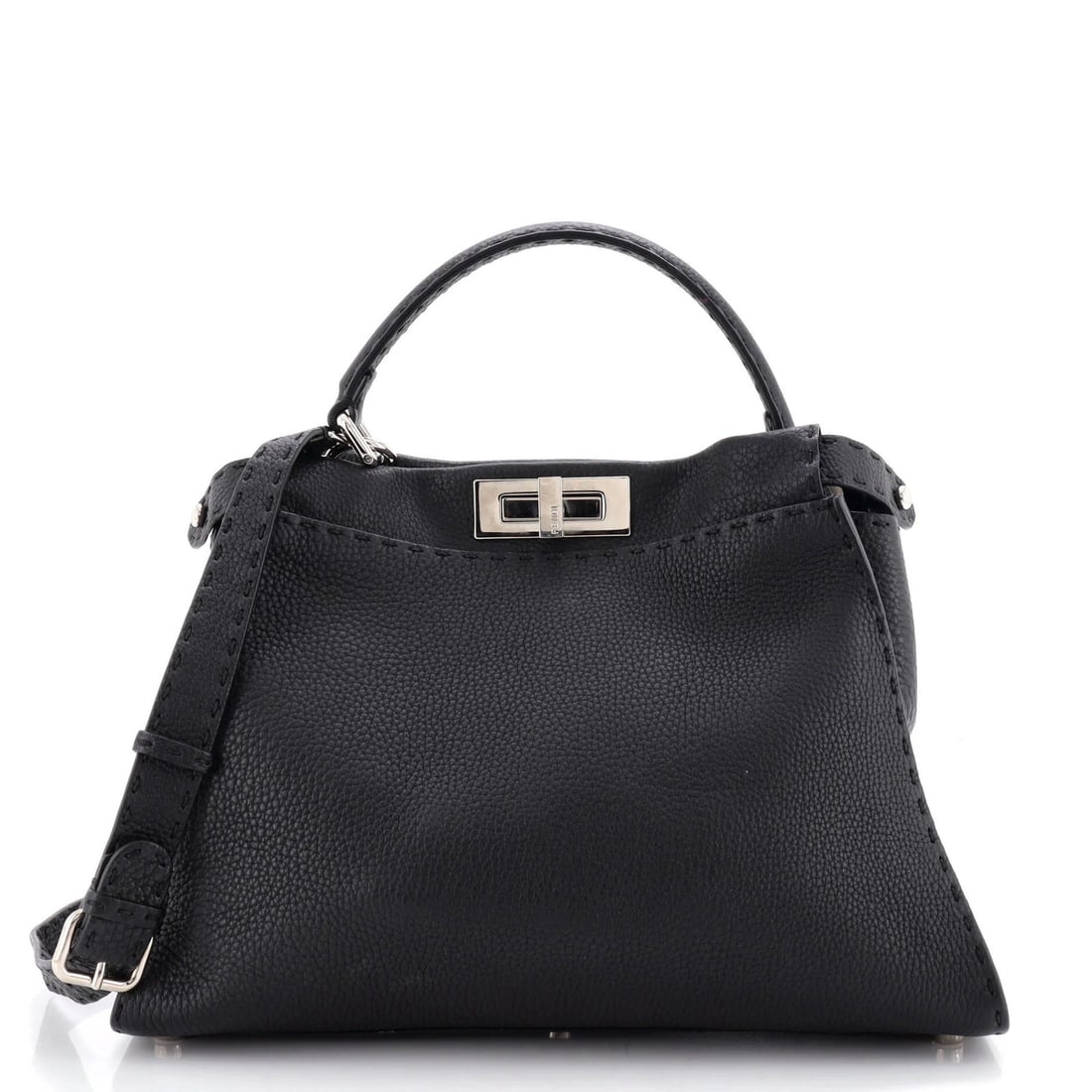 Peekaboo leather medium bag by Fendi selleria: Peekaboo leather medium bag by Fendi selleria Black leather medium bag by Fendi Selleria, featuring a sleek design with silver hardware and microfiber interior. The Peekaboo style boasts a classic