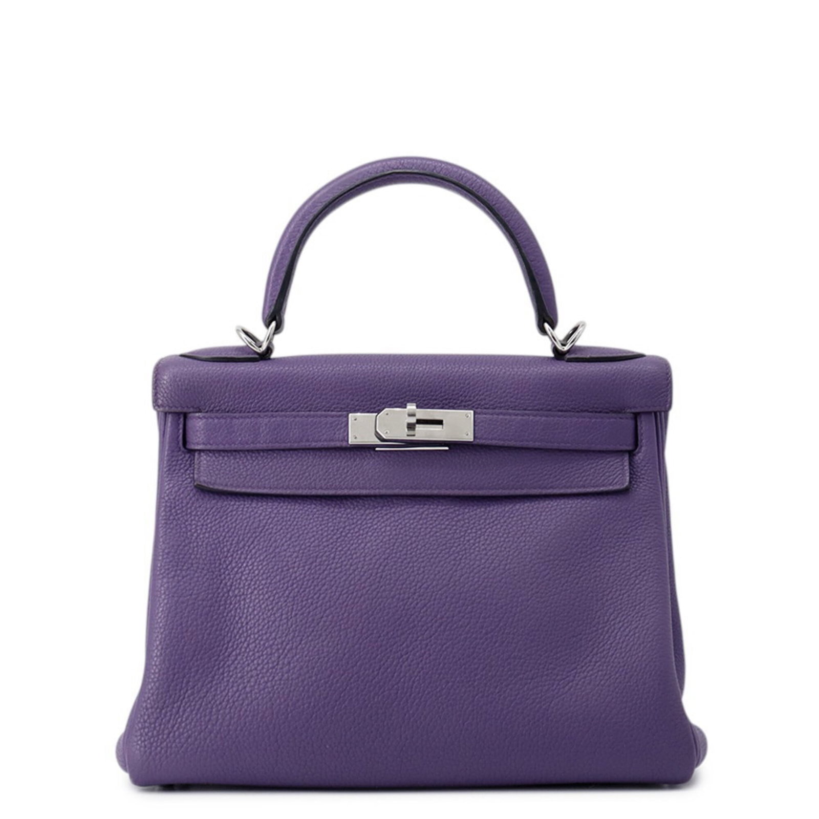 Handbag Leather Togo Hermes: Handbag Leather Togo Hermes Togo leather, a signature material for Hermes handbags, adorns this beautiful Iris-colored bag. With its silver hardware and classic flap closure, it exudes timeless