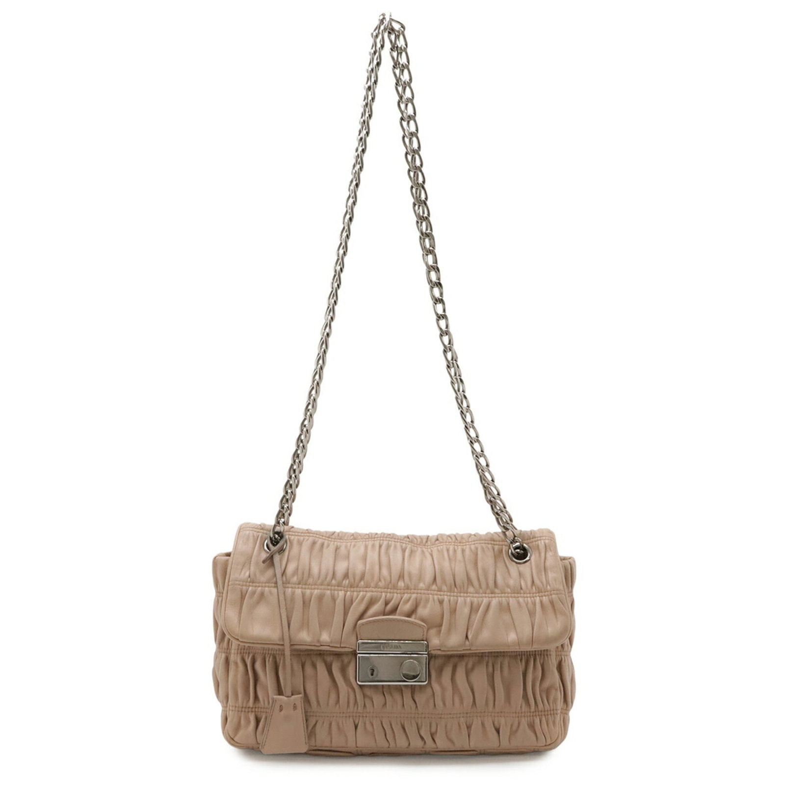 Nappa Leather Shoulder Bag By Prada: Nappa Leather Shoulder Bag By Prada Prada's Nappa Leather Shoulder Bag boasts a timeless design, crafted from high-quality beige nappa leather. Measuring 18cm x 26cm x 7cm, the bag features a sturdy