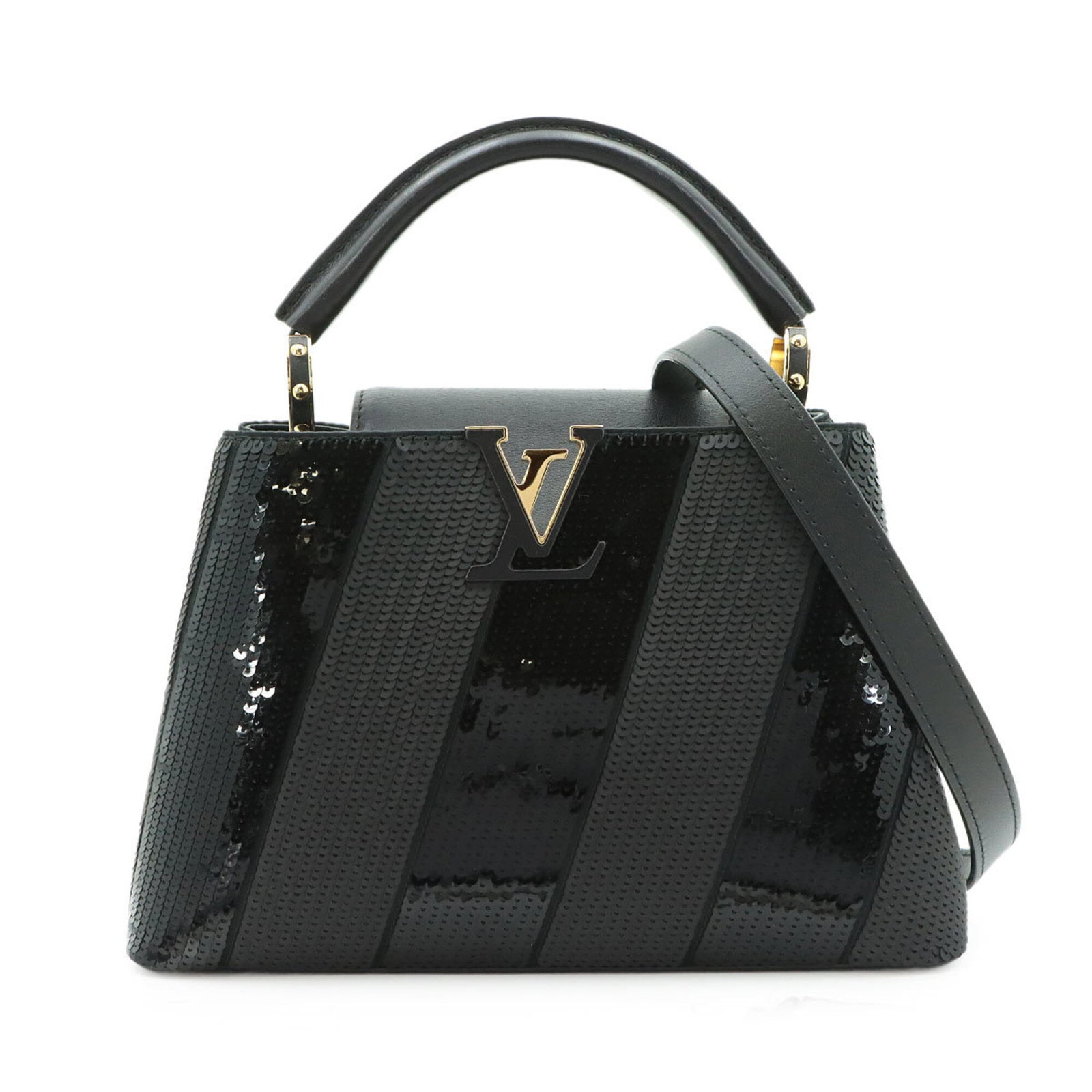 Louis Vuitton Leather Spangles Handbag: Louis Vuitton Leather Spangles Handbag Used (like new), Mint condition, Louis Vuitton Leather Spangles Handbag in black features spangles material and measures 21cm x 27cm x 9cm. The bag's unique