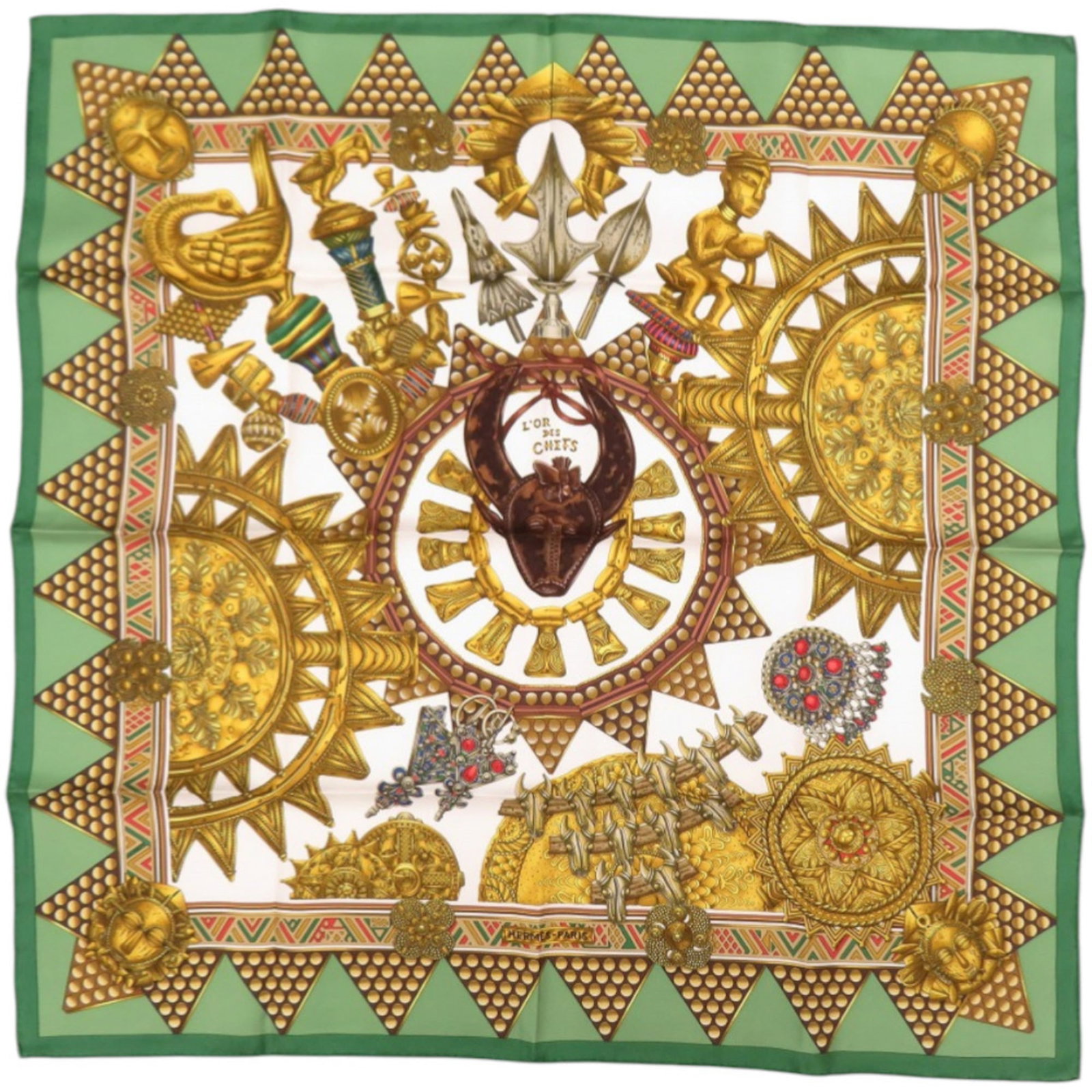 Silk scarf from Hermes: Silk scarf from Hermes Silk scarf from renowned luxury brand Hermes, featuring a striking gold and green color combination. Made from high-quality silk with a size of 89cm x 89cm, this scarf boasts a 