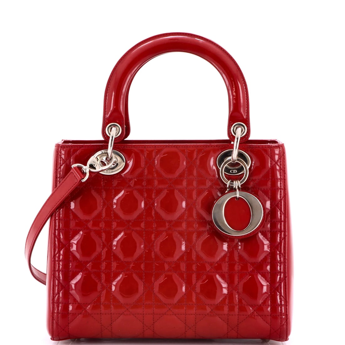 Christian Dior Lady Dior Bag Cannage Quilt Patent Medium: Christian Dior Lady Dior Bag Cannage Quilt Patent Medium Red patent leather exterior, silver hardware, and a classic top handle make this Christian Dior Lady Dior Bag Cannage Quilt Patent Medium a