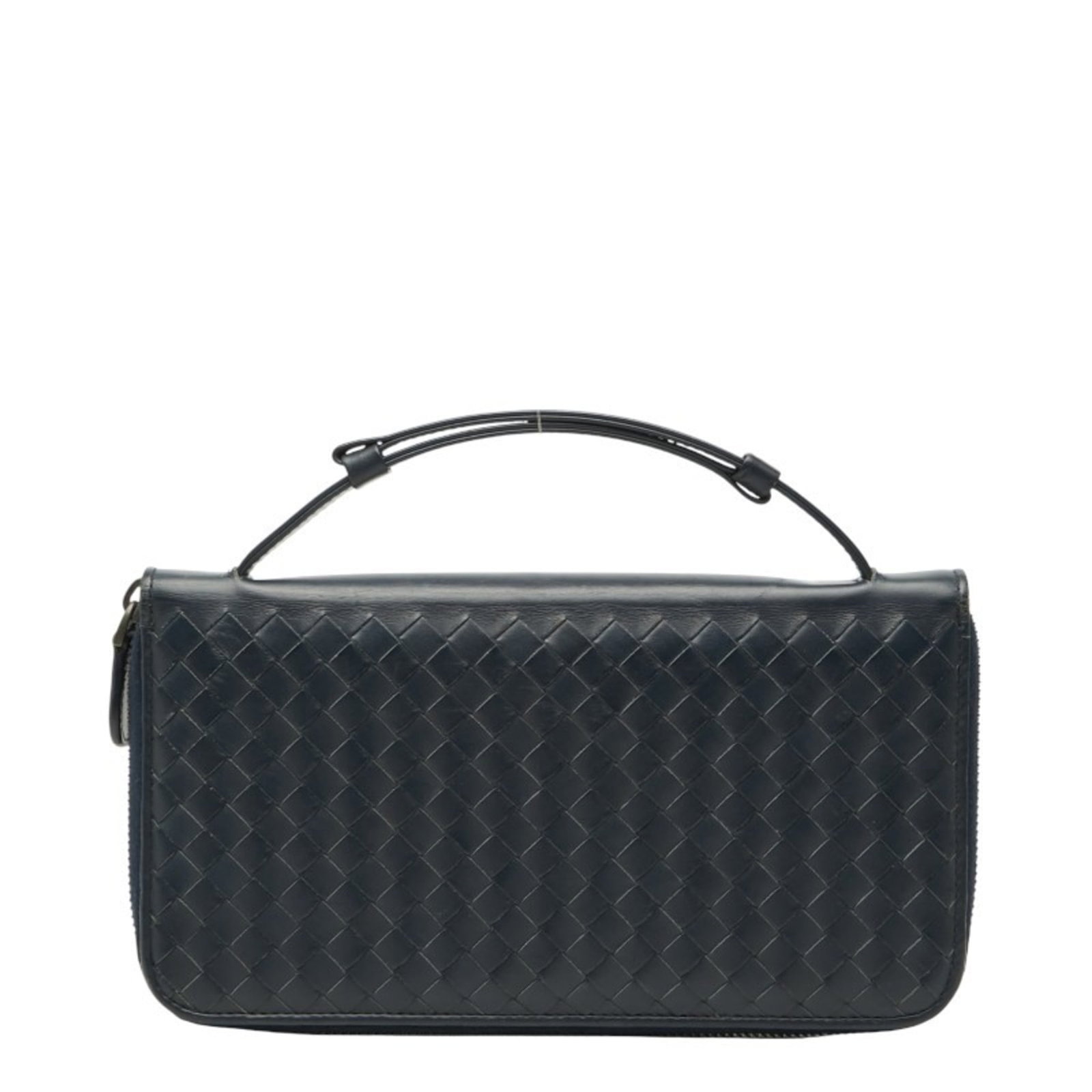 Leather Wallet Long Bi Fold Bottega Veneta: Leather Wallet Long Bi Fold Bottega Veneta Navy leather long bi-fold wallet from Bottega Veneta, featuring a classic design with a zipper closure and adjustable chain strap. The wallet has a subtle
