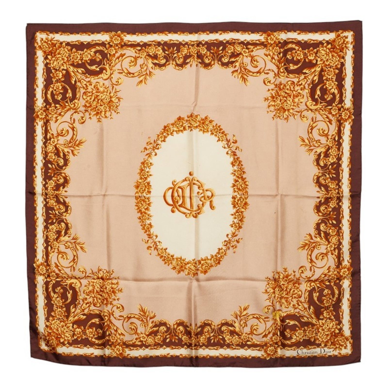 Silk Scarf by Christian Dior: Silk Scarf by Christian Dior Silk Scarf by Christian Dior, featuring a classic beige color and elegant design. Measuring 87cm x 84cm, this scarf boasts high-quality silk material and bears subtle