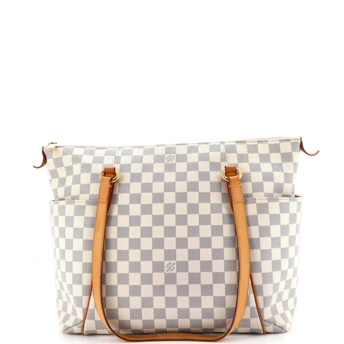 Totally Handbag Louis Vuitton Damier MM: Totally Handbag Louis Vuitton Damier MM Totally Handbag's Louis Vuitton Damier MM tote boasts a classic white canvas exterior with gold hardware, featuring the iconic Damier print. With its spacious