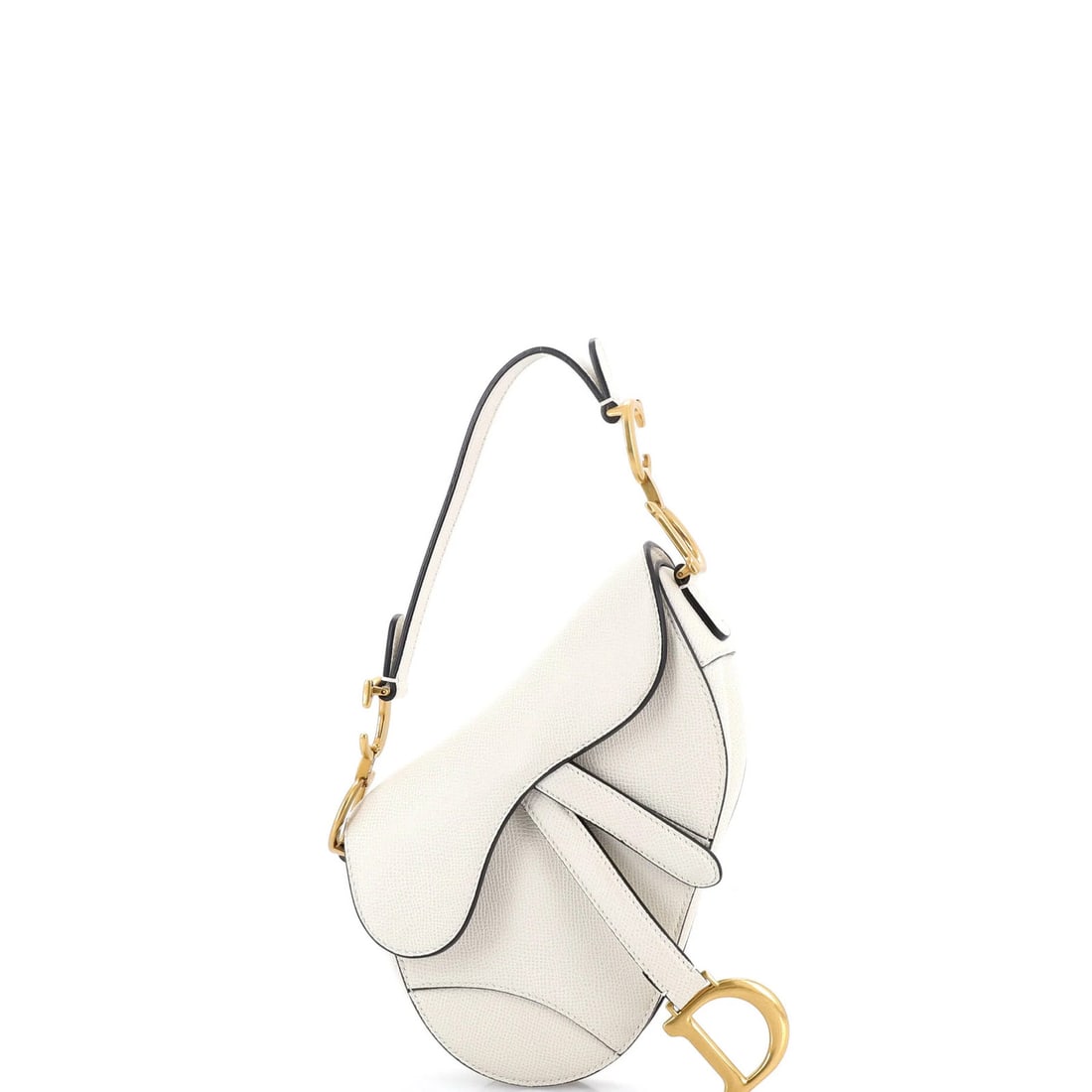 Mini leather saddle handbag by Christian Dior: Mini leather saddle handbag by Christian Dior White leather mini saddle handbag by Christian Dior, featuring a timeless design with clean lines and classic style. The bag's exterior shows signs of