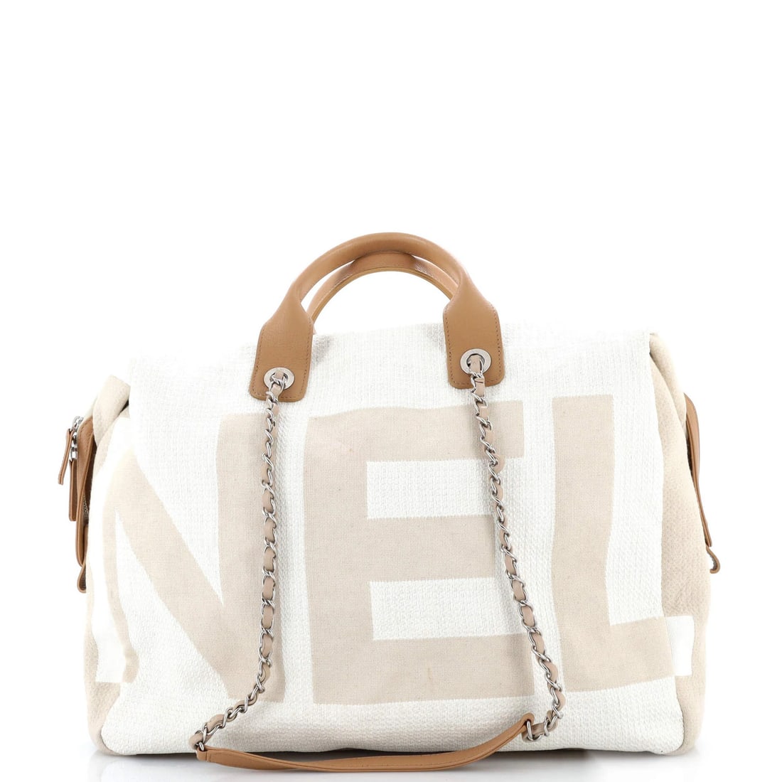 Canvas bag logo bowling large deauville chanel: Canvas bag logo bowling large deauville chanel Canvas bag logo bowling large deauville chanel. A neutral-toned, canvas exterior Deauville logo bowling bag in good condition features a bowler style