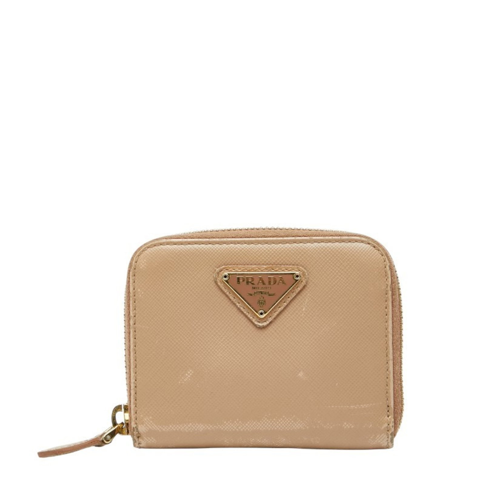Coin purse leather case: Coin purse leather case Saffiano leather coin purse case in beige, measuring 8.5cm x 10cm x 2cm, with traces of usage and minor scratches visible. This used Prada item retains its original charm