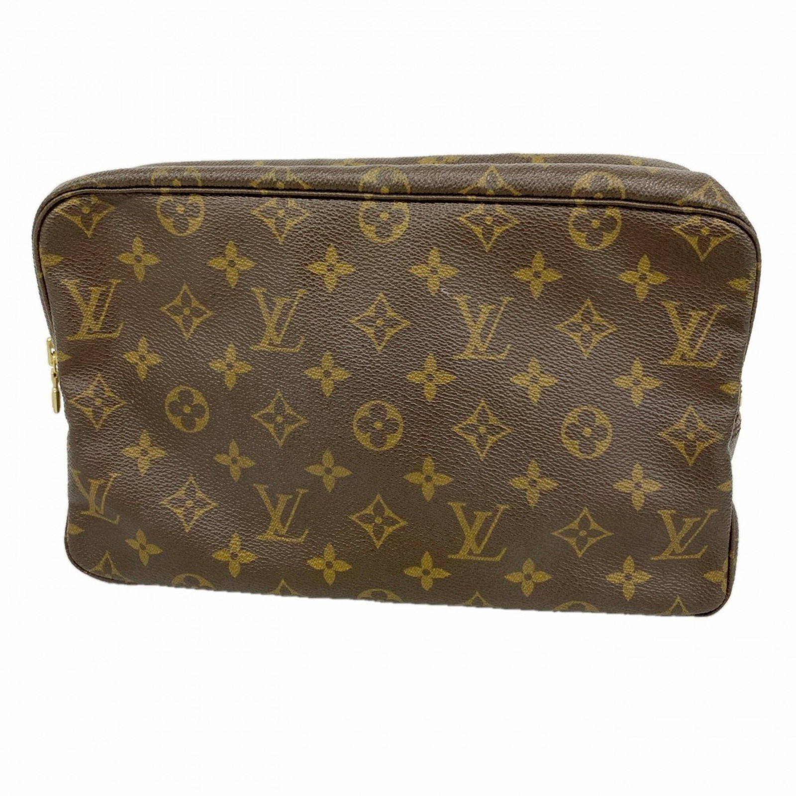Louis Vuitton Pouch: Louis Vuitton Pouch Brown Louis Vuitton Pouch with Traces of Usage. This used pouch features the iconic brand's signature monogram pattern and measures 17.5cm x 28cm x 8cm. With visible scratches and