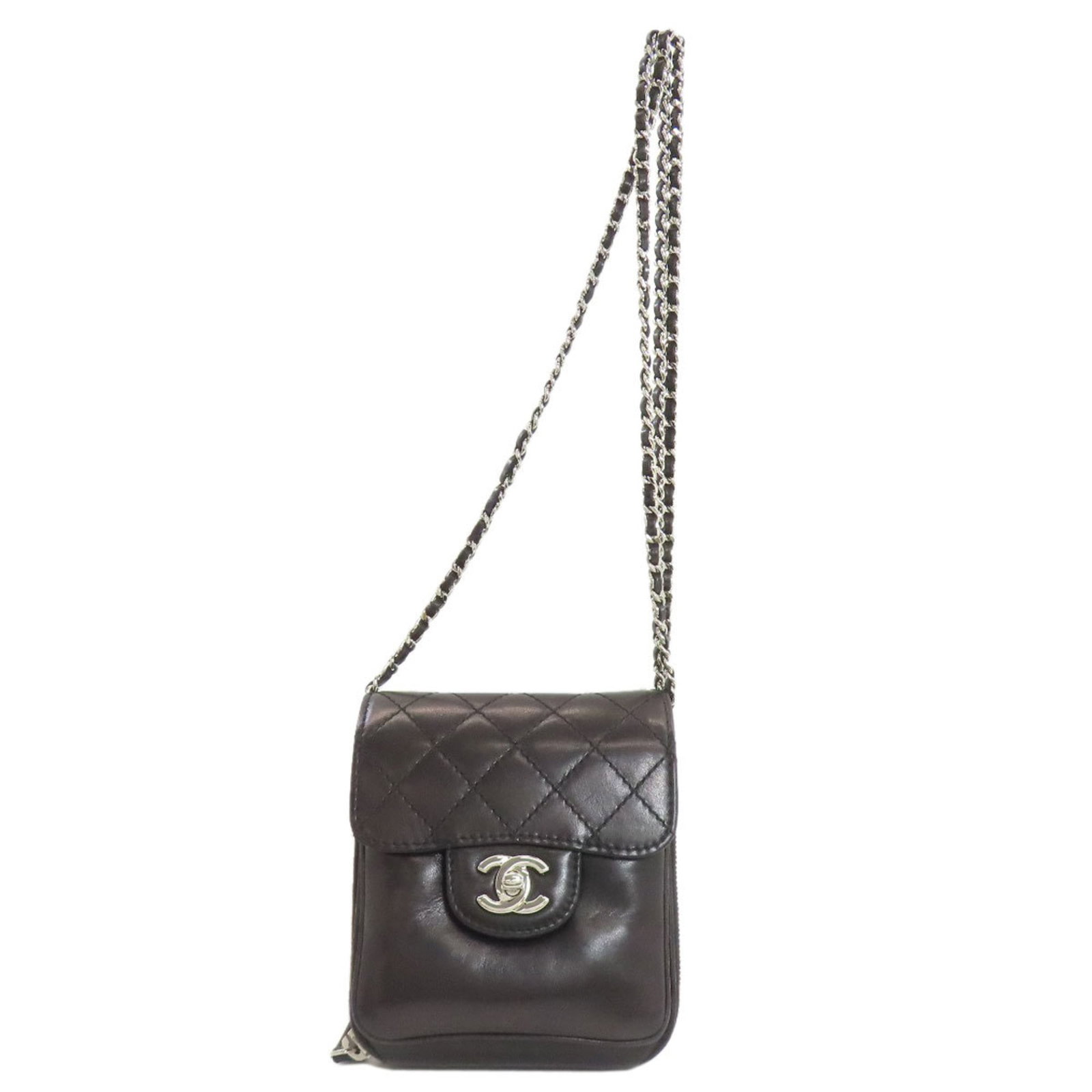 Shoulder bag leather Chanel: Shoulder bag leather Chanel Black lambskin leather Chanel shoulder bag with a classic design, featuring a timeless black color and a compact size. The bag has been used and shows signs of wear,