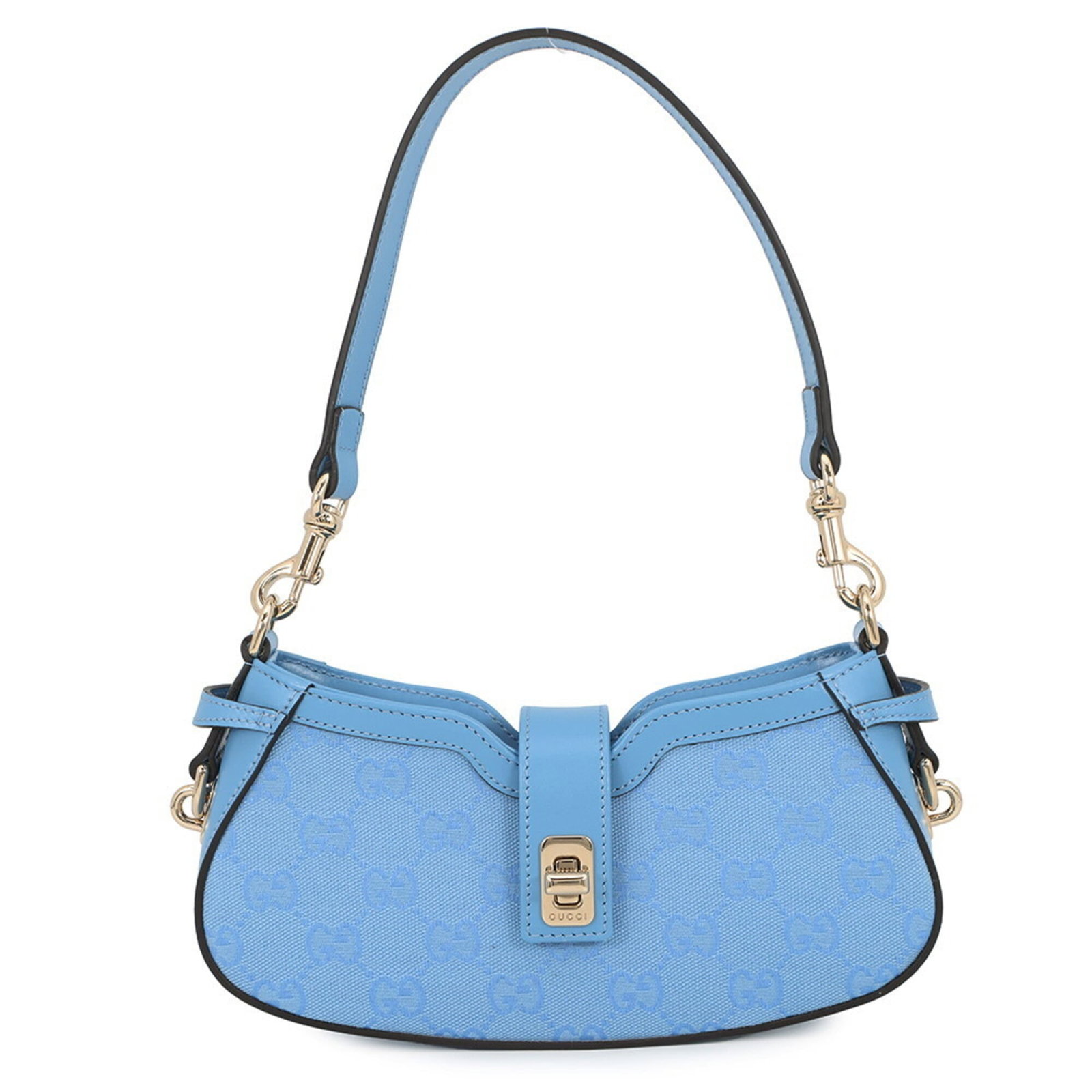 Handbag Canvas Leather Gucci Shoulder Bag: Handbag Canvas Leather Gucci Shoulder Bag Light blue canvas and leather Gucci shoulder bag with gold hardware, featuring a zipper closure. This mint condition, like new item measures 11cm x 23cm x 4.5
