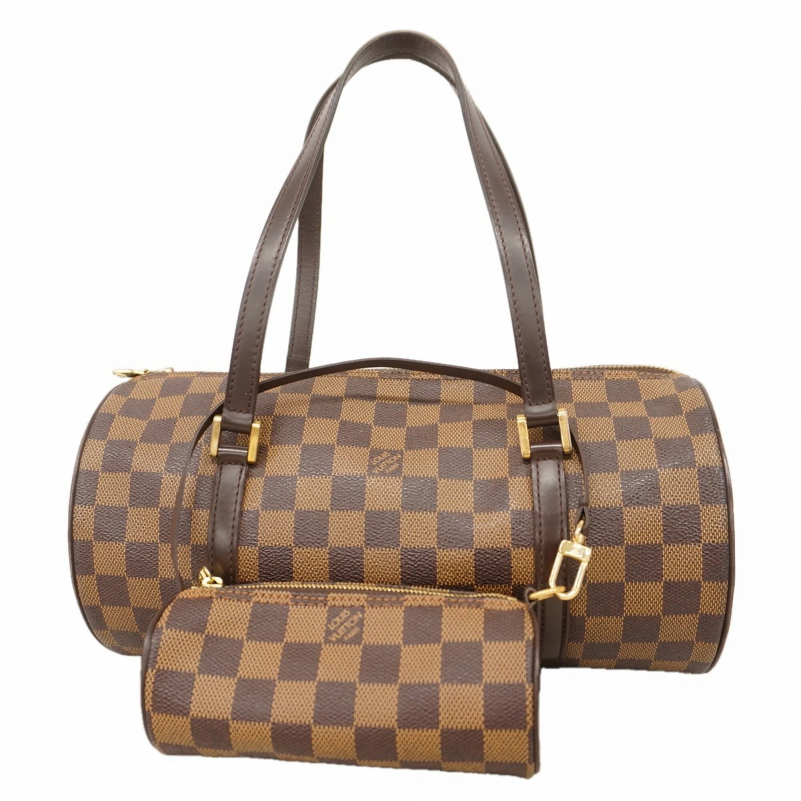 Handbag by Louis Vuitton: Handbag by Louis Vuitton This Louis Vuitton handbag boasts its iconic Ebene monogram pattern, adding a touch of timeless elegance to any outfit. With its classic design and durable construction, it