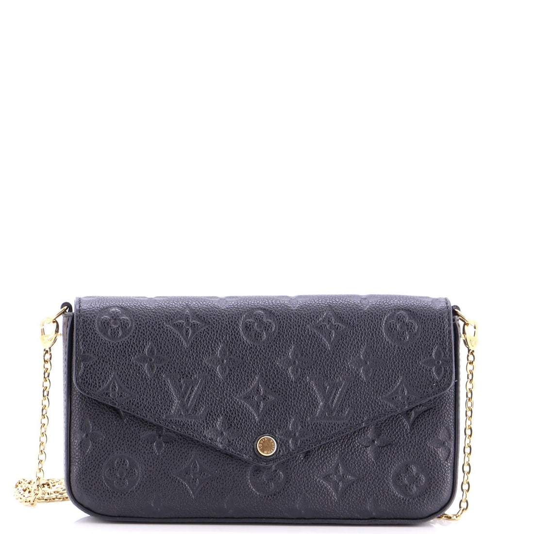Felicie Monogram Empreinte Leather Pochette Louis Vuitton: Felicie Monogram Empreinte Leather Pochette Louis Vuitton Black Louis Vuitton Felicie Monogram Empreinte Leather Pochette with heavy corner wear and scuff marks, featuring a gold hardware and a