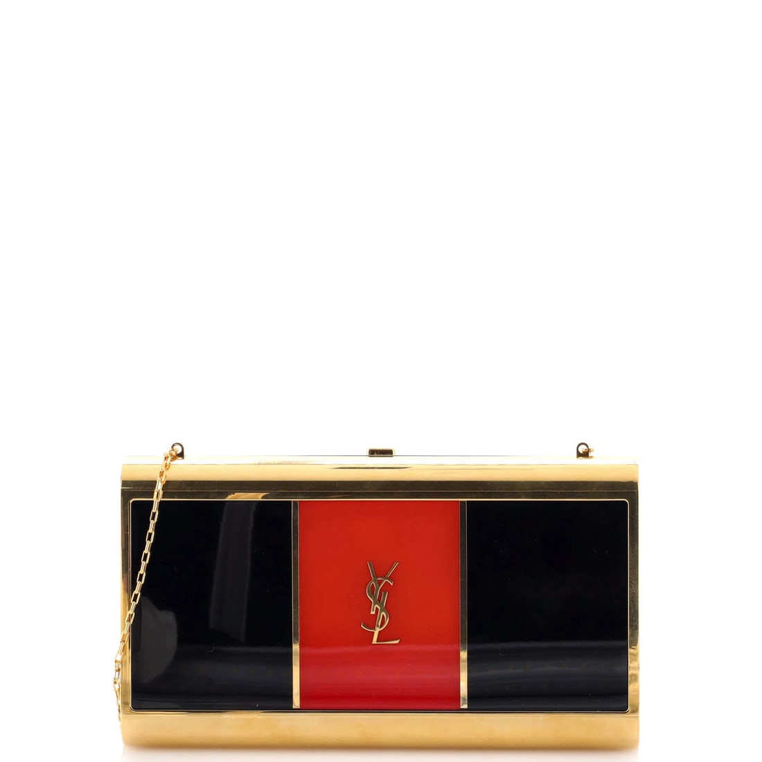 Saint Laurent Cassandre Metal Minaudiere Chain: Saint Laurent Cassandre Metal Minaudiere Chain The Saint Laurent Cassandre Metal Minaudiere Chain boasts a striking multicolor exterior, featuring intricate metalwork and chain details that add to