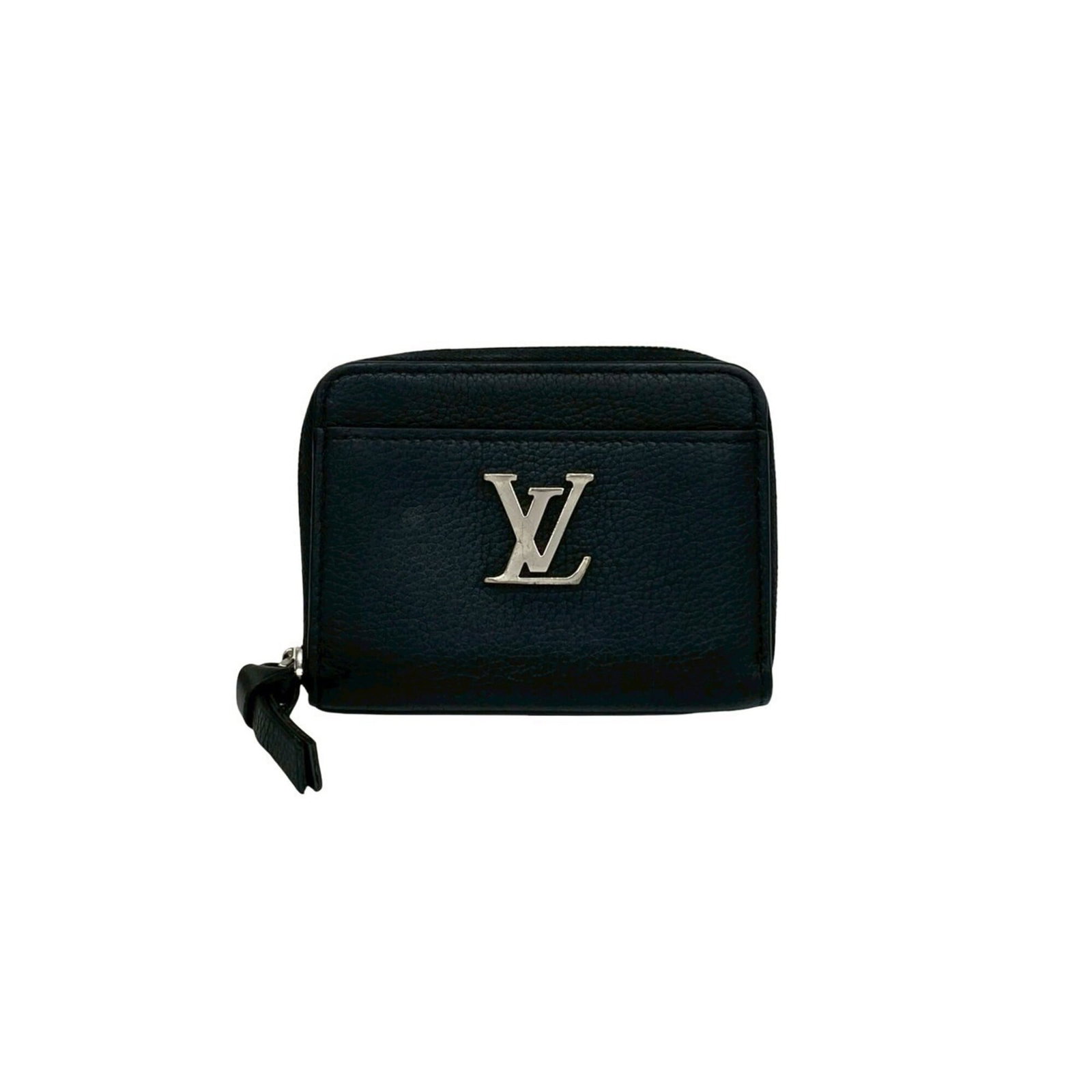 Coin purse leather case by Louis Vuitton: Coin purse leather case by Louis Vuitton Black leather coin purse case by Louis Vuitton, measuring 8.5cm x 11cm x 2cm, bears traces of usage with minor scratches and dirt. This used item in good