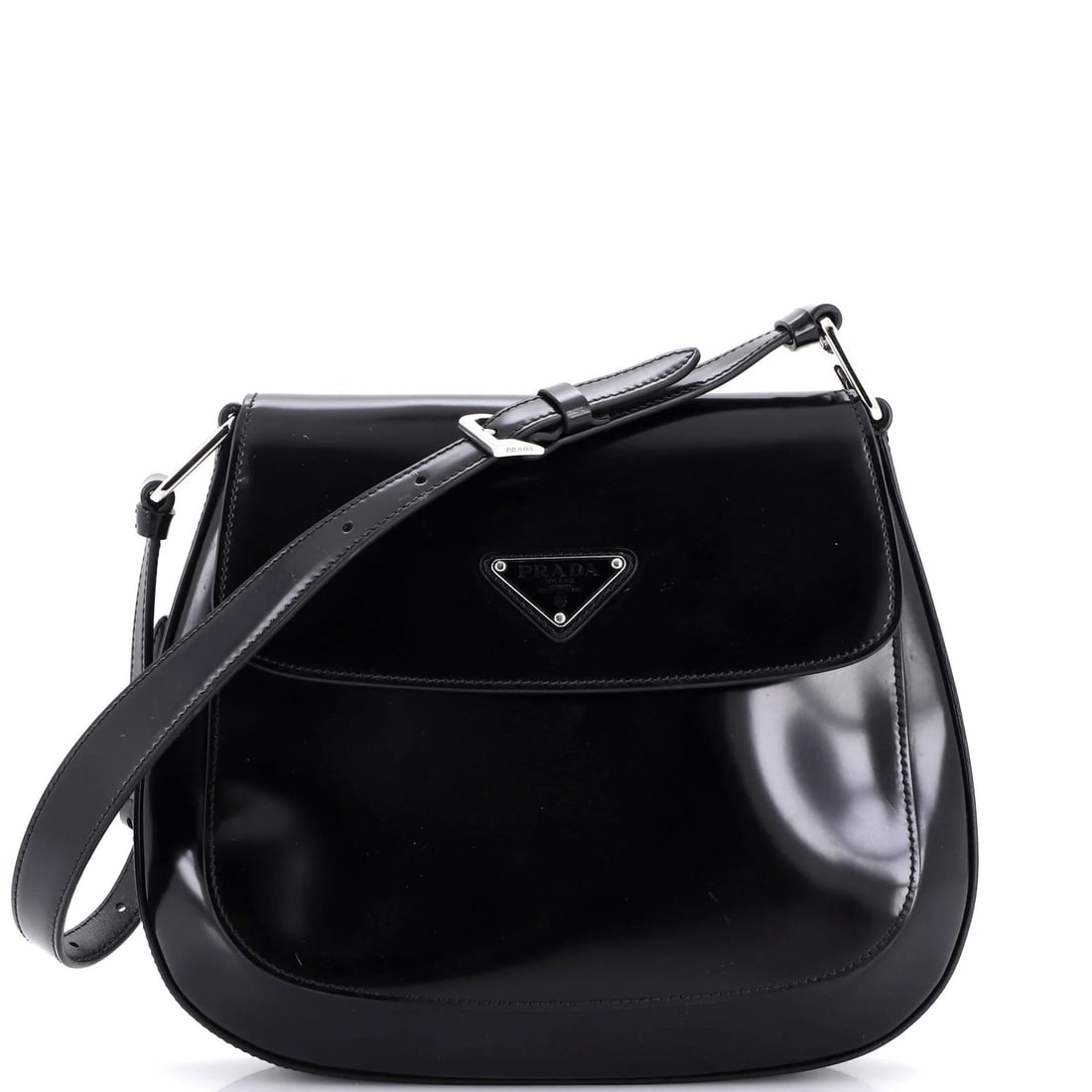 Cleo Spazzolato Flap Shoulder Bag Leather Large Prada: Cleo Spazzolato Flap Shoulder Bag Leather Large Prada The Cleo Spazzolato Flap Shoulder Bag by Prada boasts sleek, black leather exterior with silver hardware. This spacious large bag features a