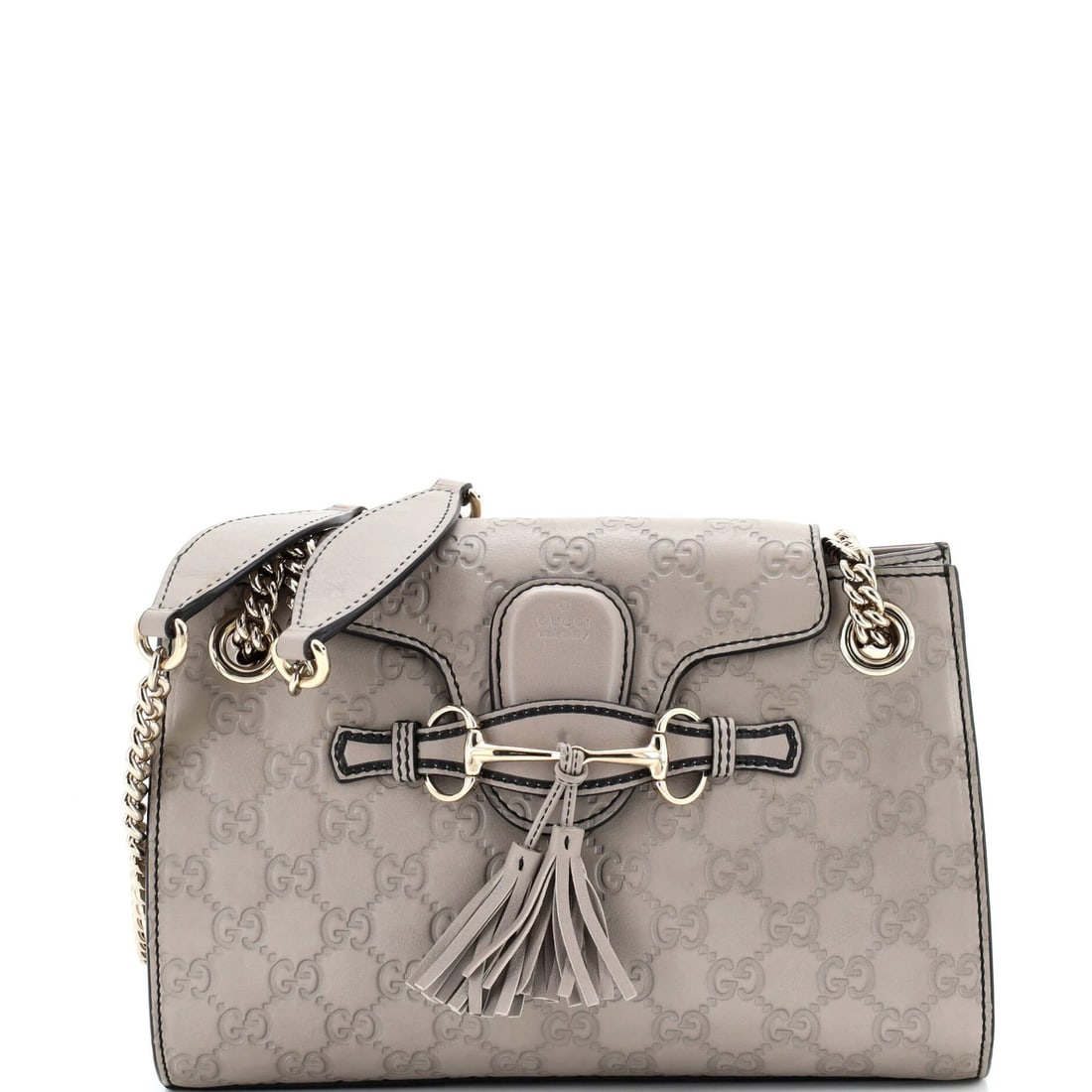 Chain flap shoulder bag small Guccissima leather Gucci Emily: Chain flap shoulder bag small Guccissima leather Gucci Emily Small Guccissima Leather Chain Flap Shoulder Bag in Gray. This compact shoulder bag features chain flap details and measures 8" tall, 10" w