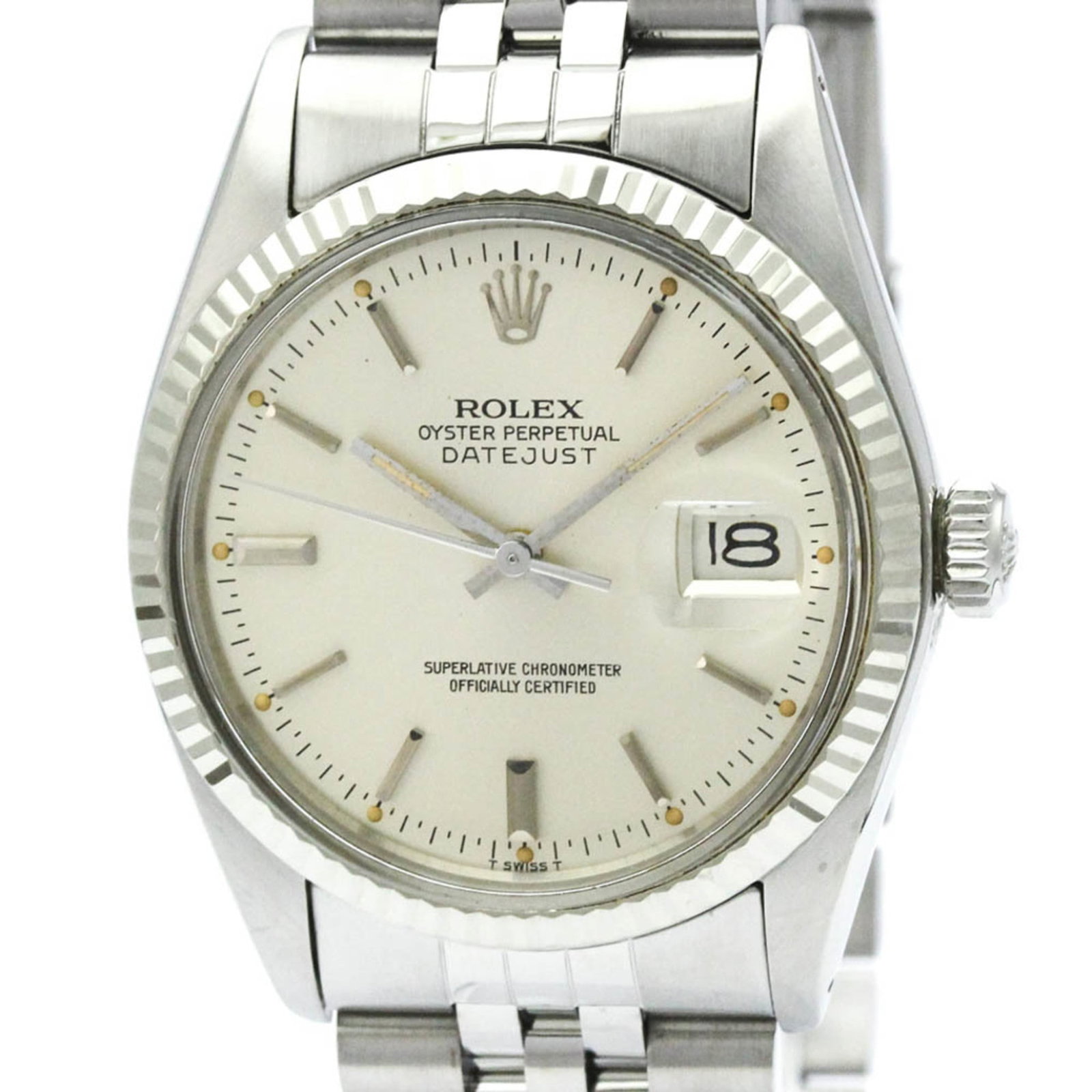Rolex Wristwatch: Rolex Wristwatch Stainless Steel case and band, paired with an 18K White Gold finish, make this Rolex wristwatch a stylish choice for formal occasions. The silver dial adds a touch of sophistication