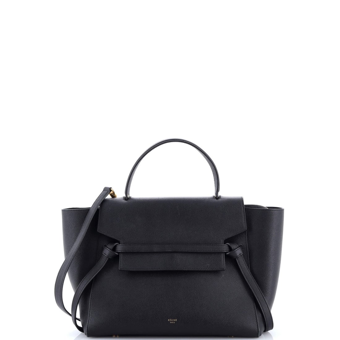 Textured leather mini belt bag: Textured leather mini belt bag Black textured leather mini belt bag with gold hardware, featuring a suede interior and adjustable strap. Measuring 9.5" tall, 11" wide, and 6" deep, this compact