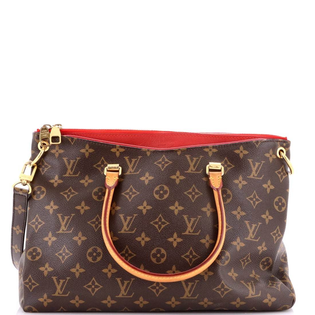 Louis Vuitton Pallas Tote Monogram Canvas with Leather: Louis Vuitton Pallas Tote Monogram Canvas with Leather Brown Louis Vuitton Pallas Tote Monogram Canvas with Leather, featuring a classic shoulder bag design with scuffs and edge wear on the exterior. 