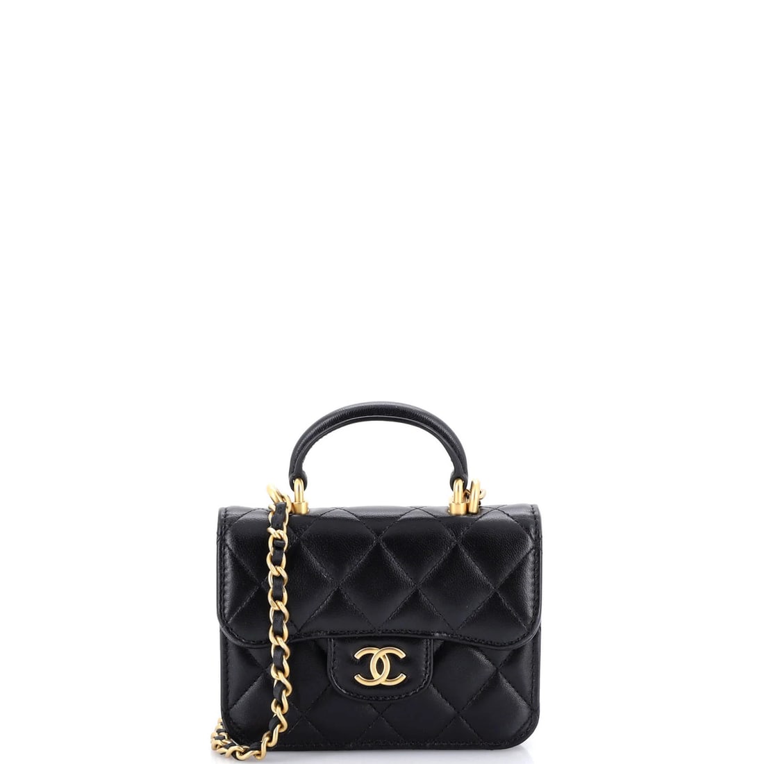 Chanel Top Handle Flap Coin Purse with Chain Quilted Lambskin: Chanel Top Handle Flap Coin Purse with Chain Quilted Lambskin Black leather Top Handle Flap Coin Purse with Chain Quilted Lambskin exterior, featuring minor scuffs and creases. The interior is lined i