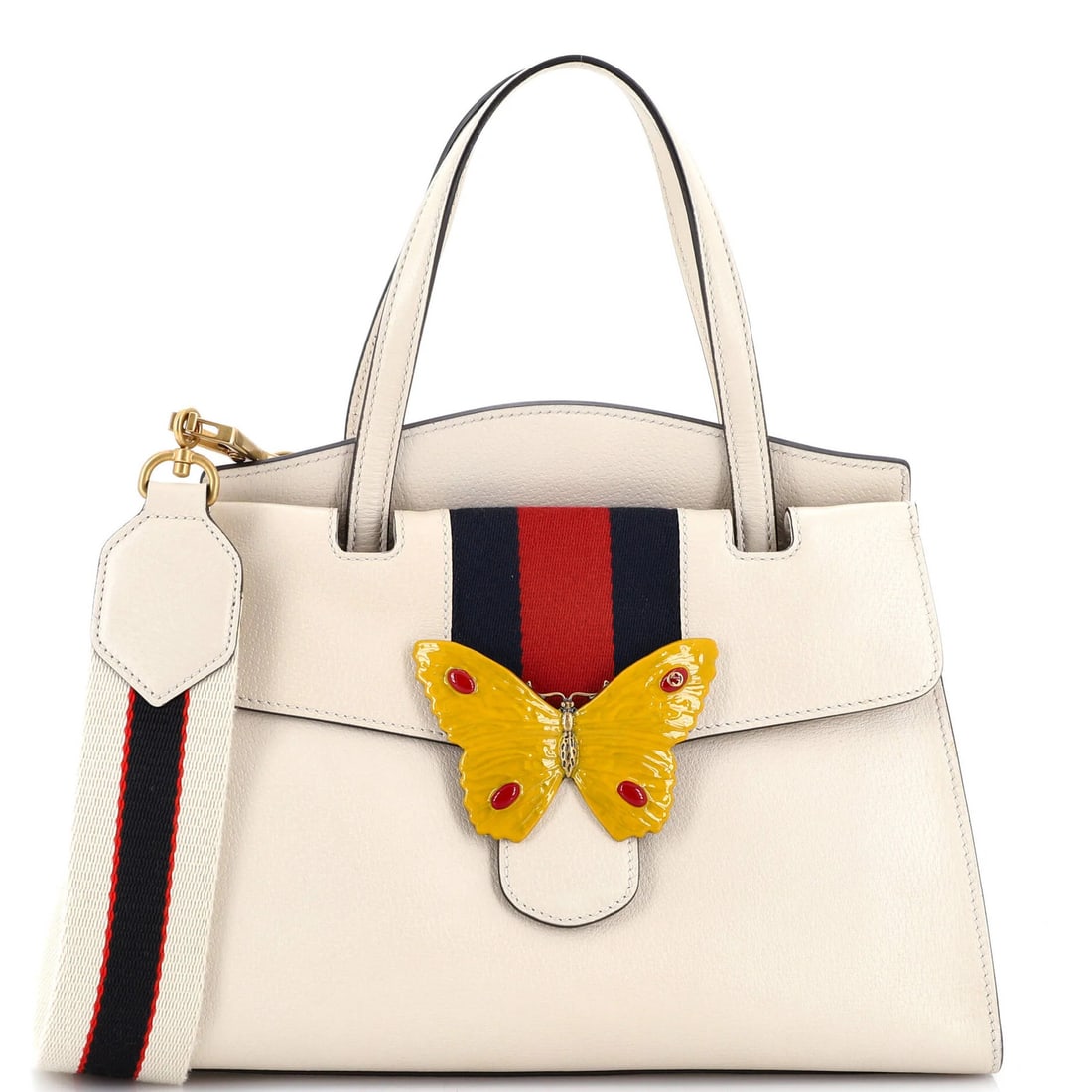 Gucci leather medium top handle bag: Gucci leather medium top handle bag White Gucci leather medium top handle bag with neutral interior and aged gold hardware. Minor scuffs and creases are present on the exterior, handles, and