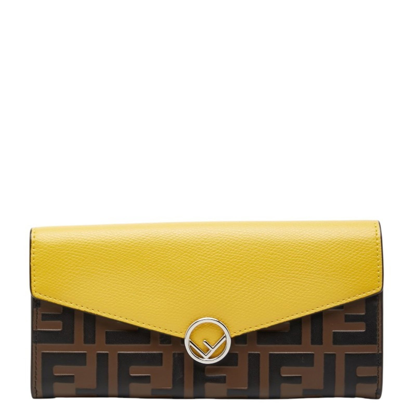 Long wallet leather Fendi Bi fold: Long wallet leather Fendi Bi fold Brown and yellow Fendi Bi-fold long wallet made from high-quality leather, featuring a classic bi-fold design with clean lines. The wallet has some minor signs of usa