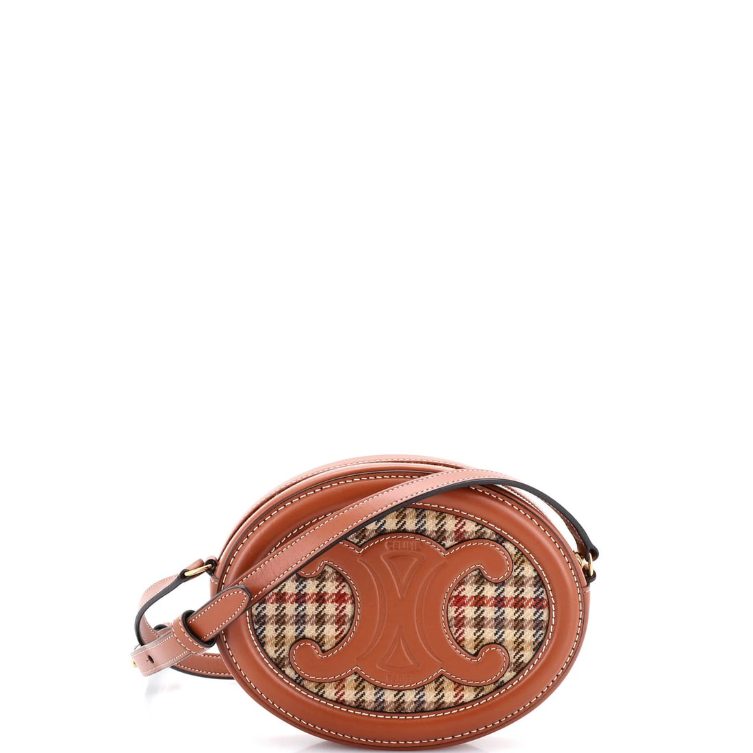 Triomphe Tweed Leather Oval Crossbody Bag Celine: Triomphe Tweed Leather Oval Crossbody Bag Celine Brown Tweed and Leather Oval Crossbody Bag with Gold Hardware, Measuring 6" x 6.5" x 2.5". This Celine Triomphe Oval Crossbody Bag features a unique