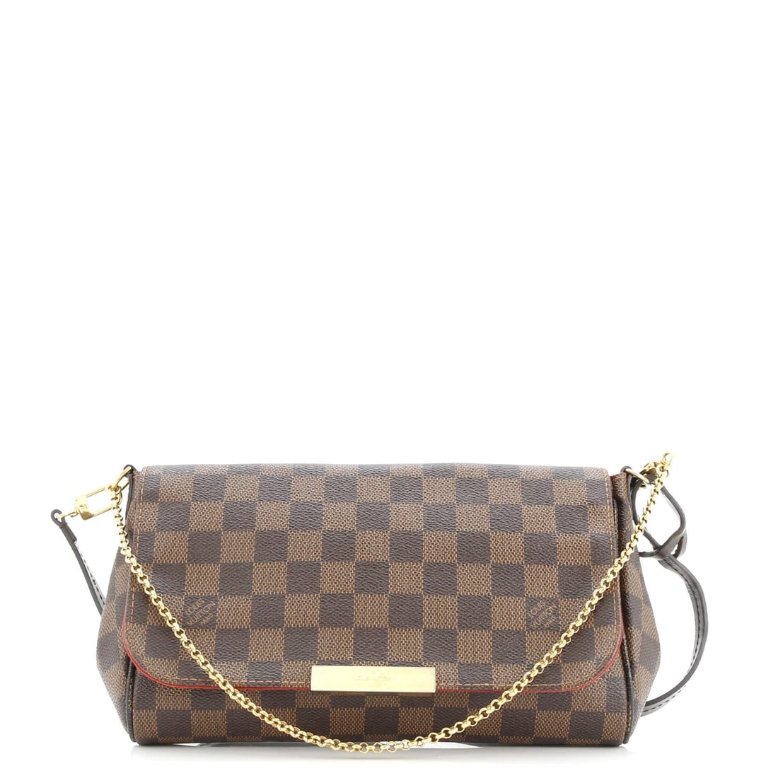 Damier Favorite Handbag Louis Vuitton: Damier Favorite Handbag Louis Vuitton Canvas Coated Damier MM Handbag with Gold Hardware, featuring the iconic Louis Vuitton Favorite Cross Body Bag design in brown exterior and red interior. The bag 