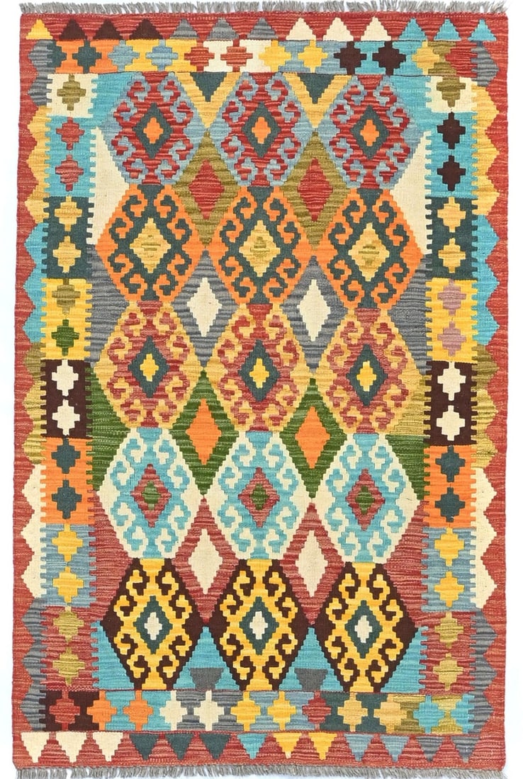3X5 Kilim Oriental Rug Multicolored Geometric Pattern Reversible Small Carpet (1 of 13)