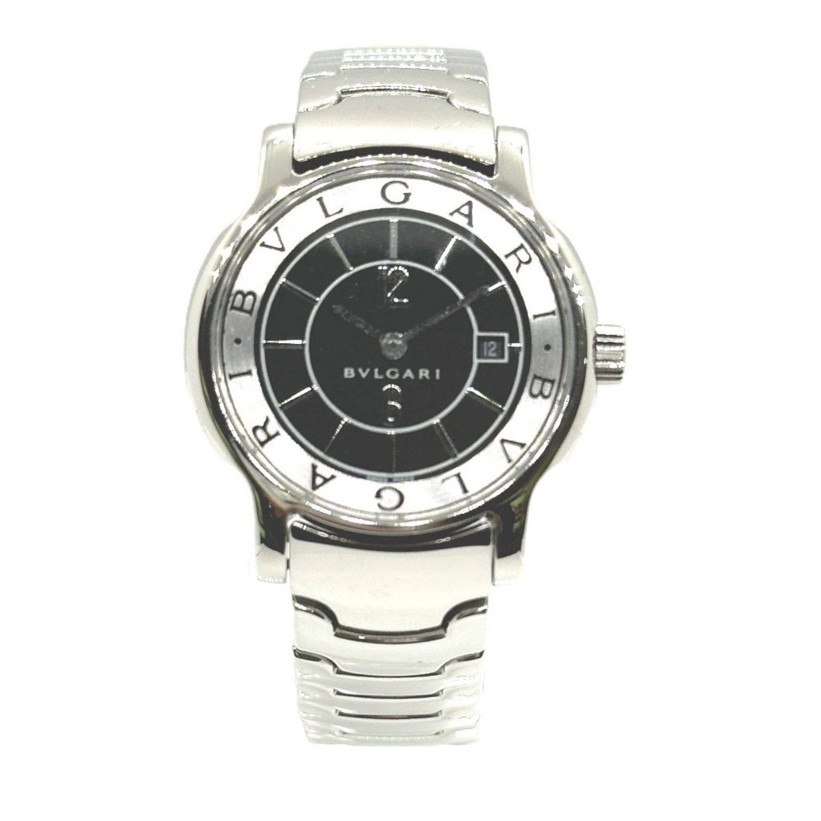 Bvlgari Wristwatch: Bvlgari Wristwatch Stainless steel case and band provide a sleek, modern look for the Bvlgari wristwatch. The black dial adds a touch of sophistication, while the analog display provides a classic tim