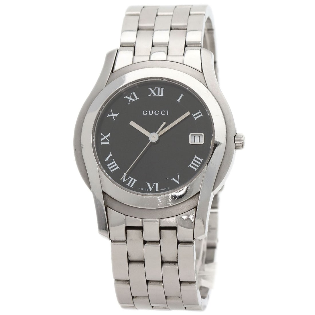 Gucci Round Face Watches 5500M Stainless Steel/ Stainless Steel: Gucci Round Face Watches 5500M Stainless Steel/ Stainless Steel Stainless steel case with a silver bezel and dial, featuring an analog display. This Gucci round face watch boasts a sleek design and