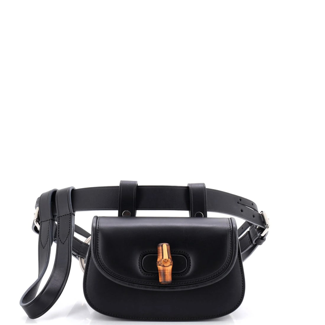 Gucci Bamboo 1947 Belt Bag Leather Mini: Gucci Bamboo 1947 Belt Bag Leather Mini The Gucci Bamboo 1947 Belt Bag Leather Mini boasts sleek, sophisticated design with its black leather exterior and neutral interior. Featuring aged silver hardw