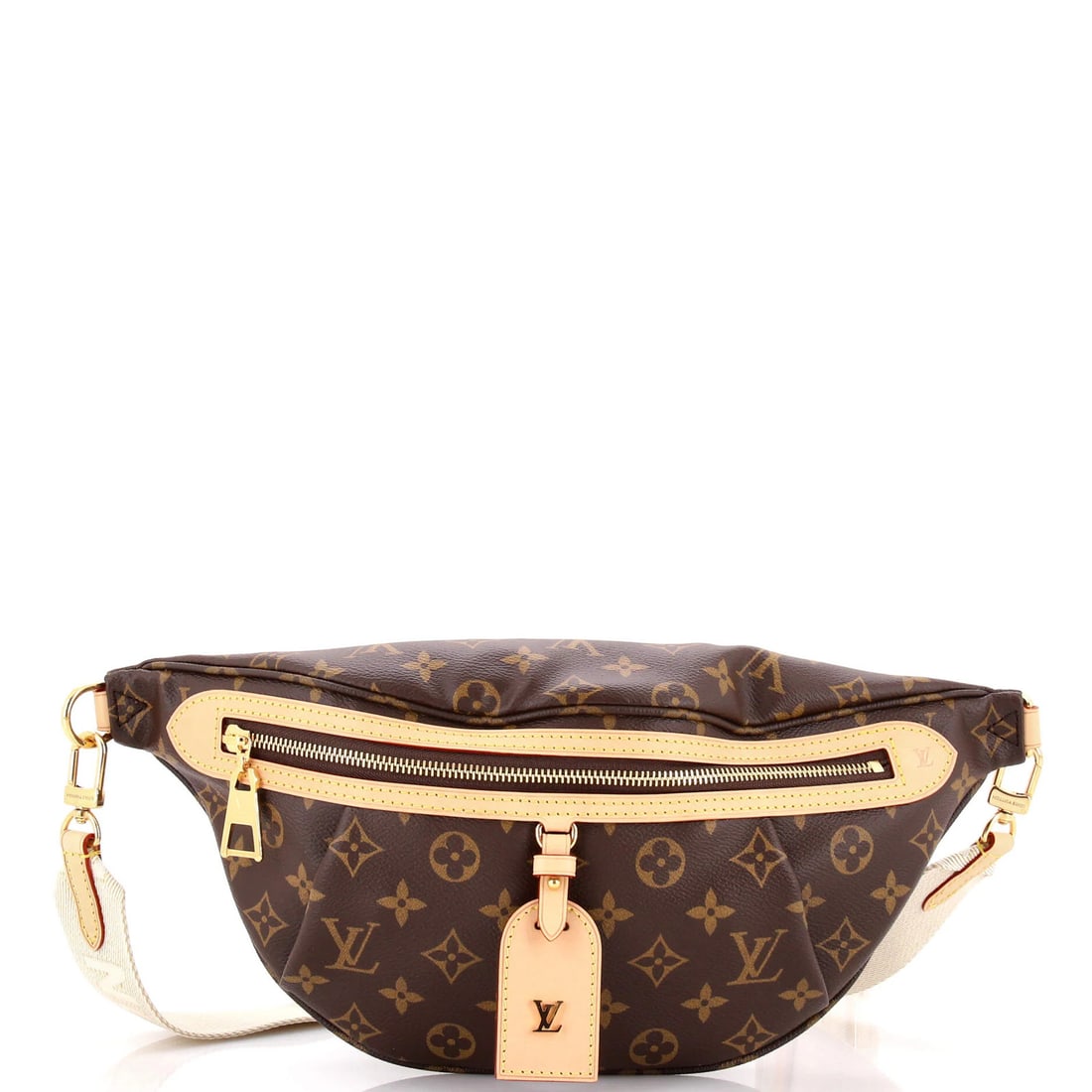 Monogram Canvas Bum Bag High Rise Louis Vuitton: Monogram Canvas Bum Bag High Rise Louis Vuitton Brown Monogram Canvas Bum Bag with High Rise Design, featuring scuffs and minor creases on exterior canvas. Measures 7" in height, 12" in width, and 3" 